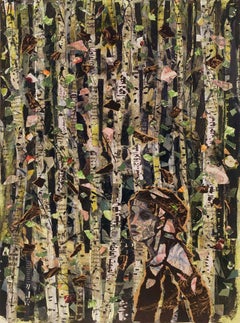 Persian Forest, dark patterns, birch trees female figure Arabic writing text