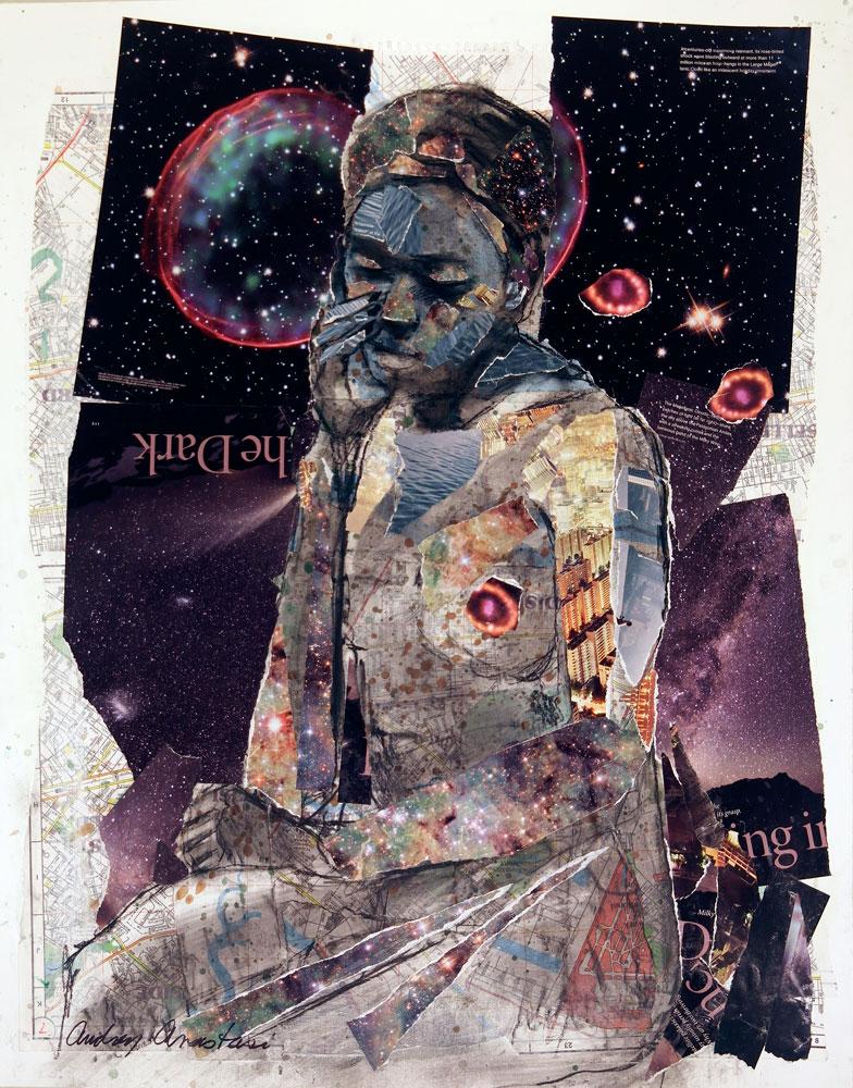 Celestial Night, dark colors, astronomy, black female nude, stars, maps, collage - Art by Audrey Anastasi