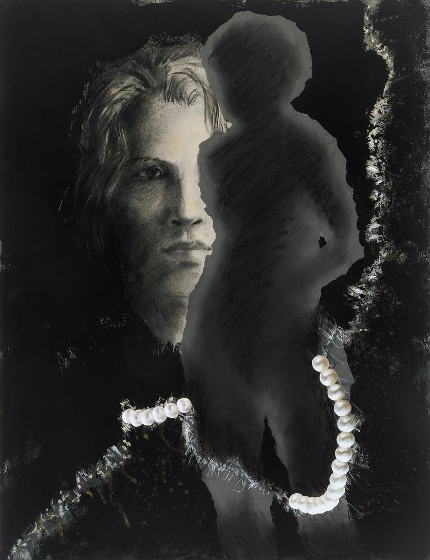 Audrey Anastasi Figurative Art – Ocular migraine- Perlen String of Pearls dunkle Farben medizinische Referenz monochrom