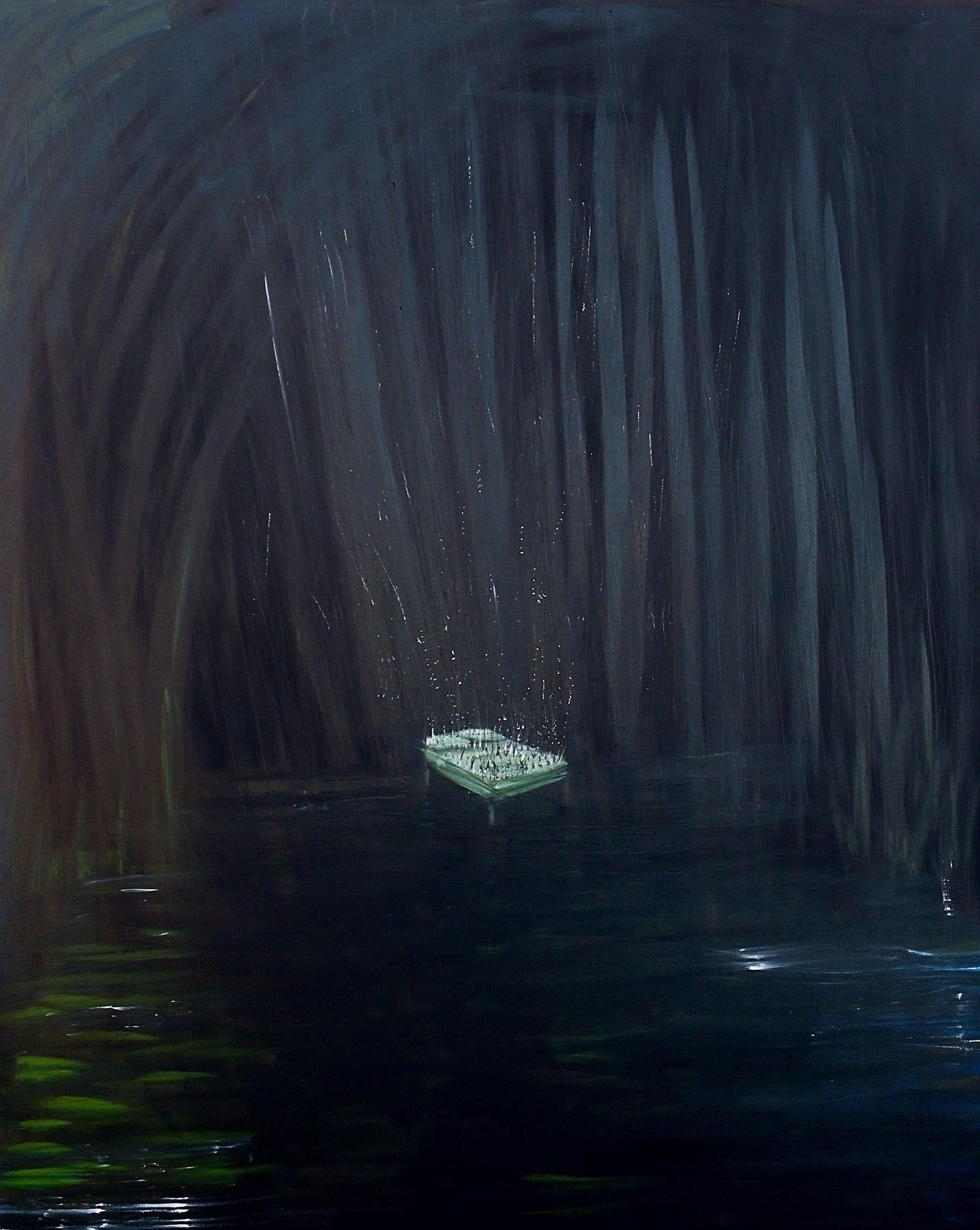 Audrey Anastasi Abstract Painting - Bed of Rain predominantly black, surrealist, mysterious, water, night