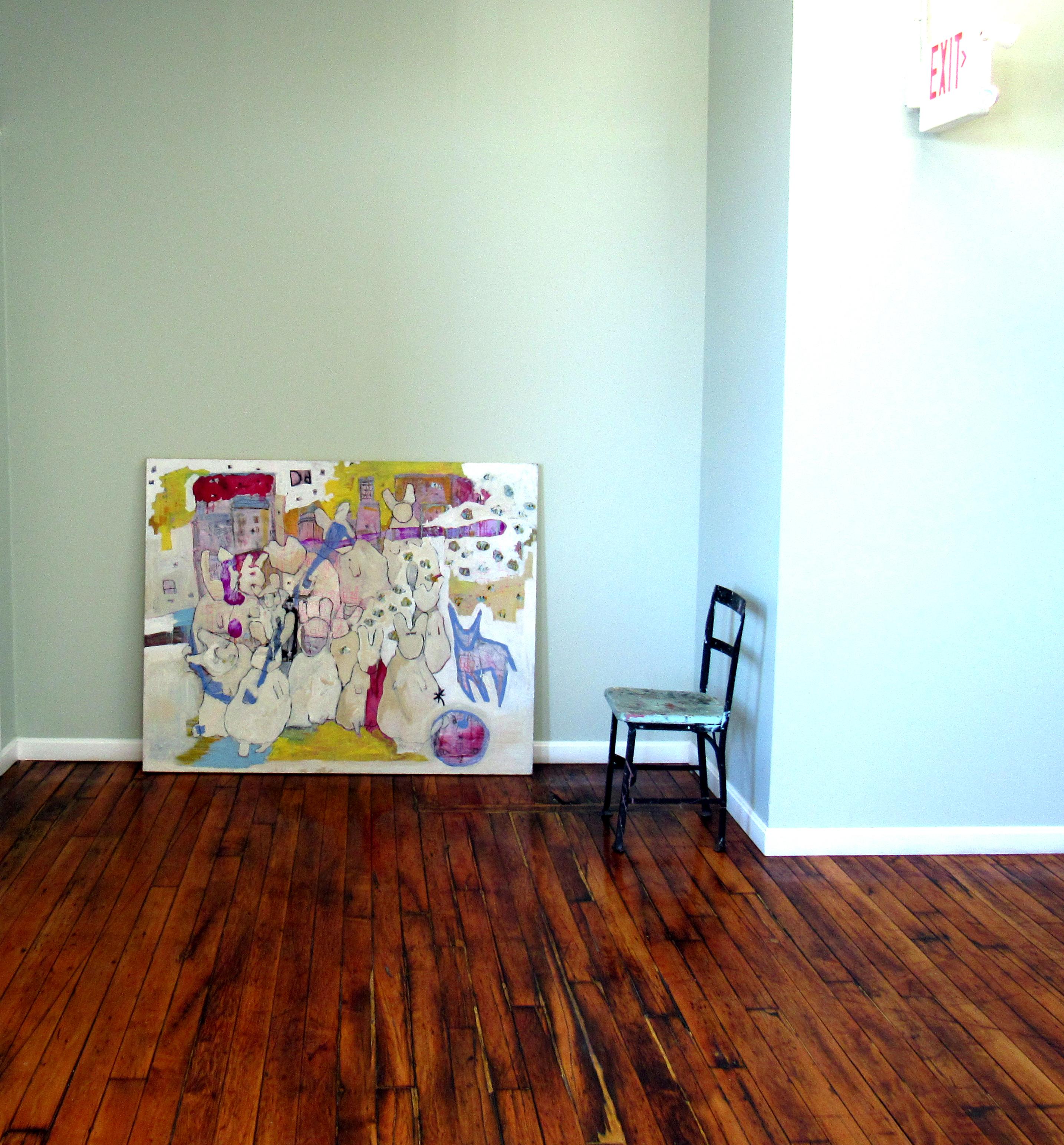 ParisCommune, colorful iconographic abstract animals bunnies - Brown Animal Painting by C. Dimitri