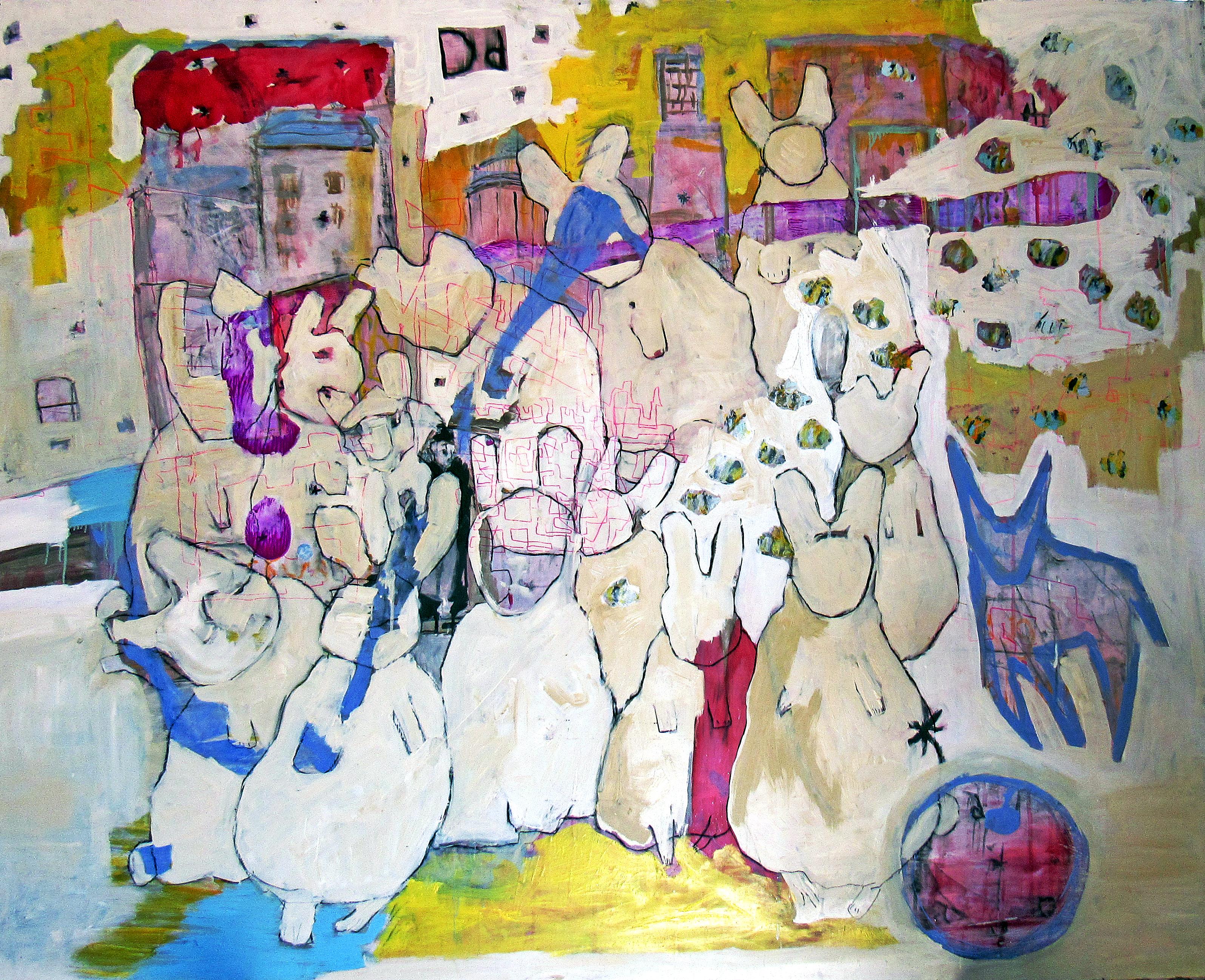 C. Dimitri Abstract Painting - ParisCommune, colorful iconographic abstract animals bunnies