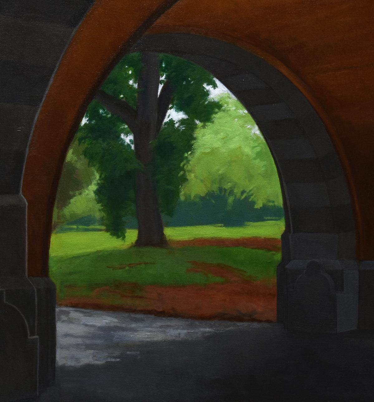 Deux Arches, Prospect Park Brooklyn, paysage urbain architectural en lumière du soleil - Painting de Gregory Frux