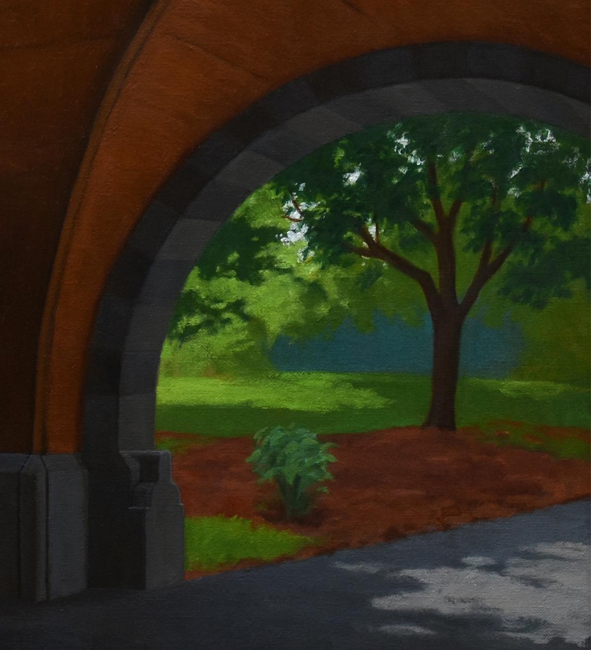 Deux Arches, Prospect Park Brooklyn, paysage urbain architectural en lumière du soleil - Académique Painting par Gregory Frux