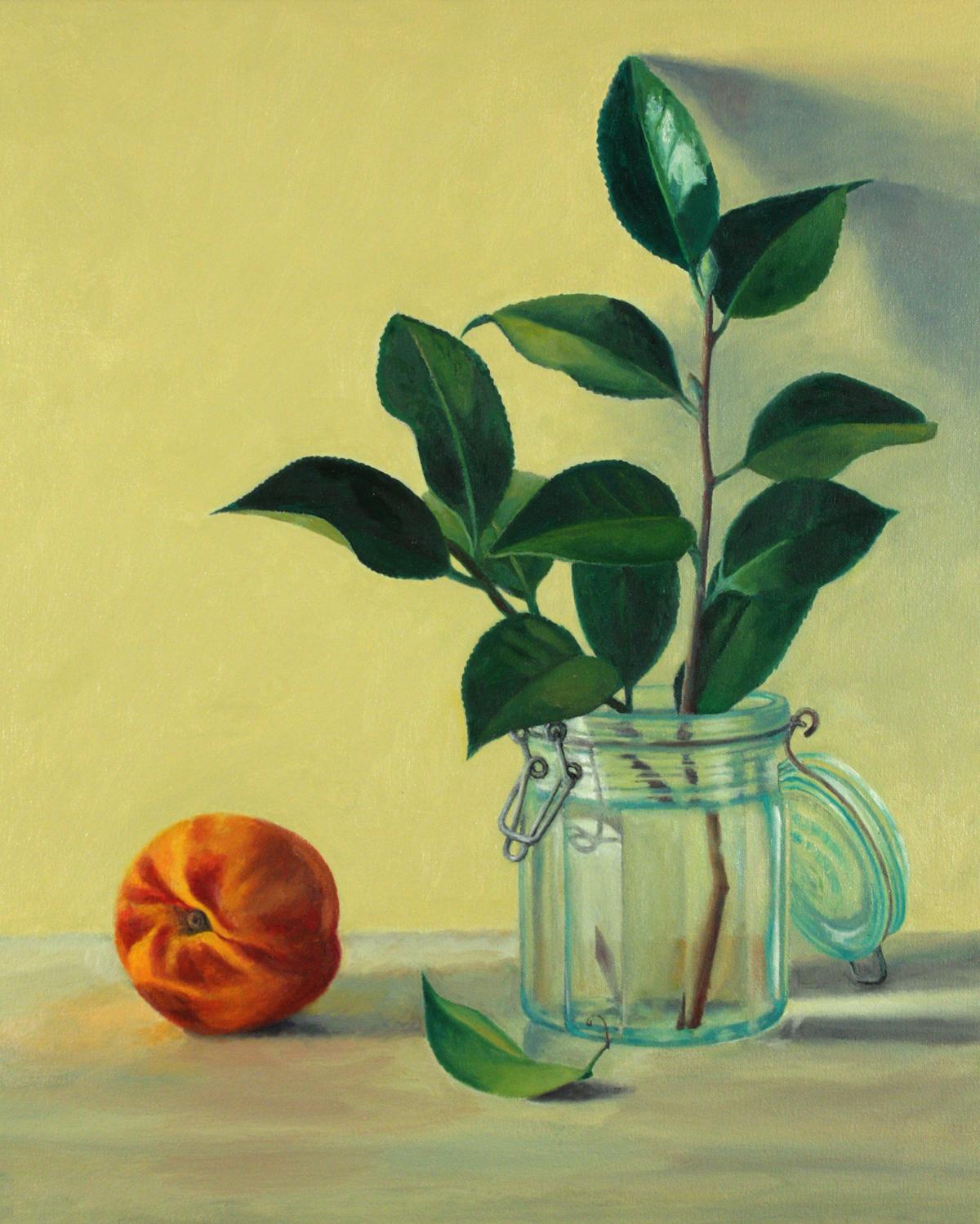 Doug Newton Still-Life Painting - Camellia Branch, colorful, still life, superealsim