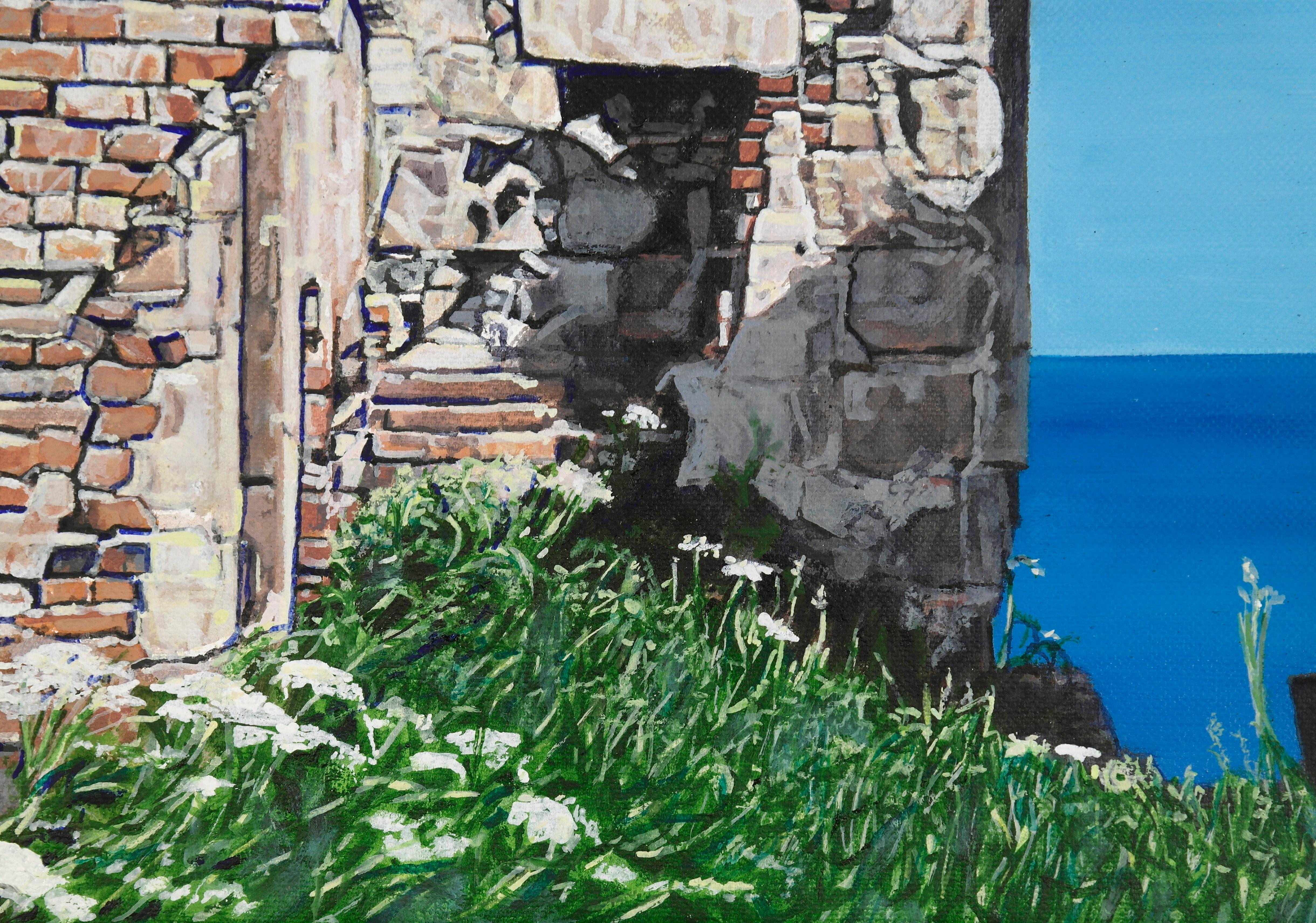 Slains Castle with North Sea, stone castle, seascape, Scotland - Painting by Agnes Murray