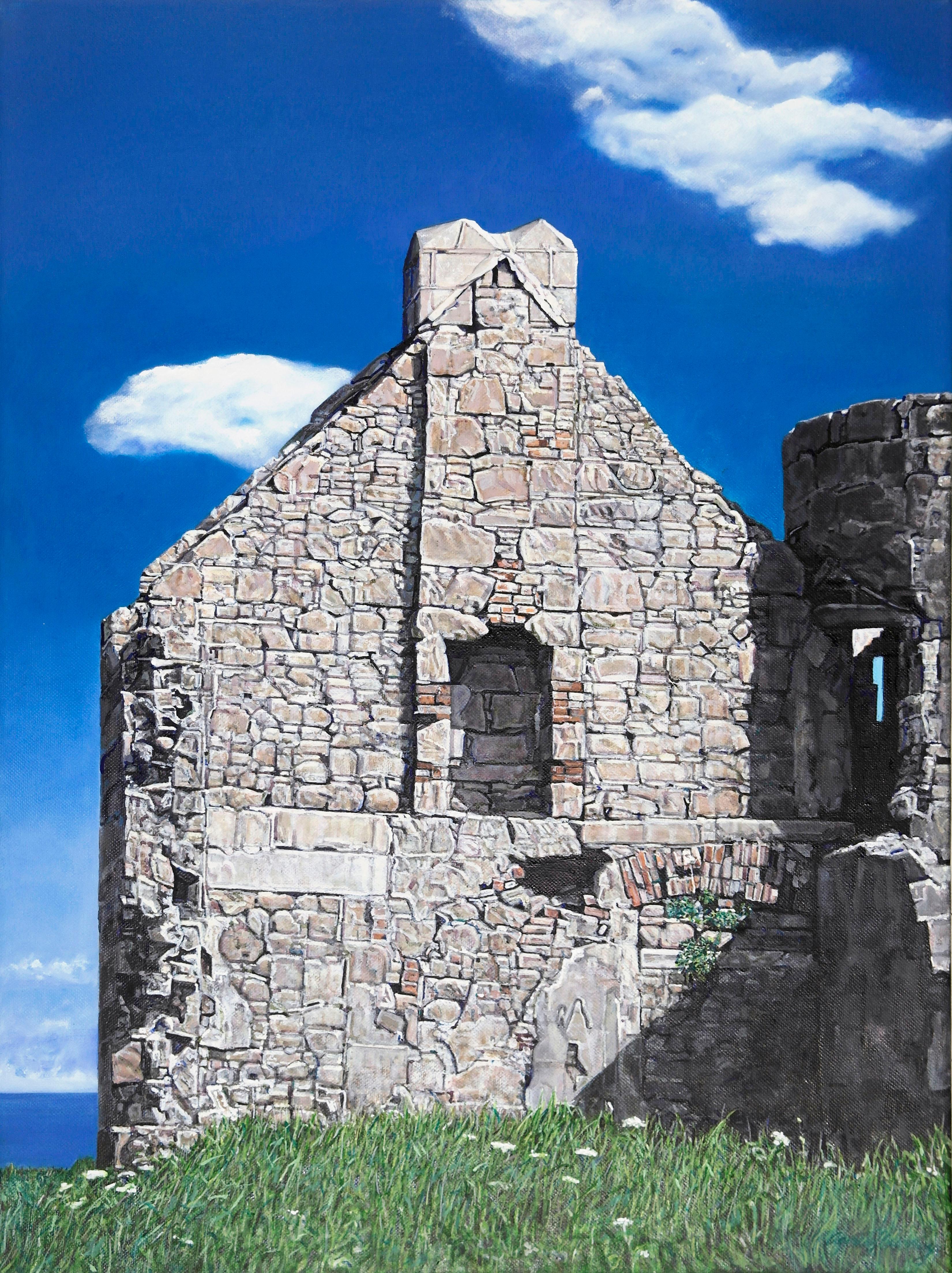 Agnes Murray Landscape Painting - Slains Castle with North Sea 2, stone ruins, seascape, Scotland