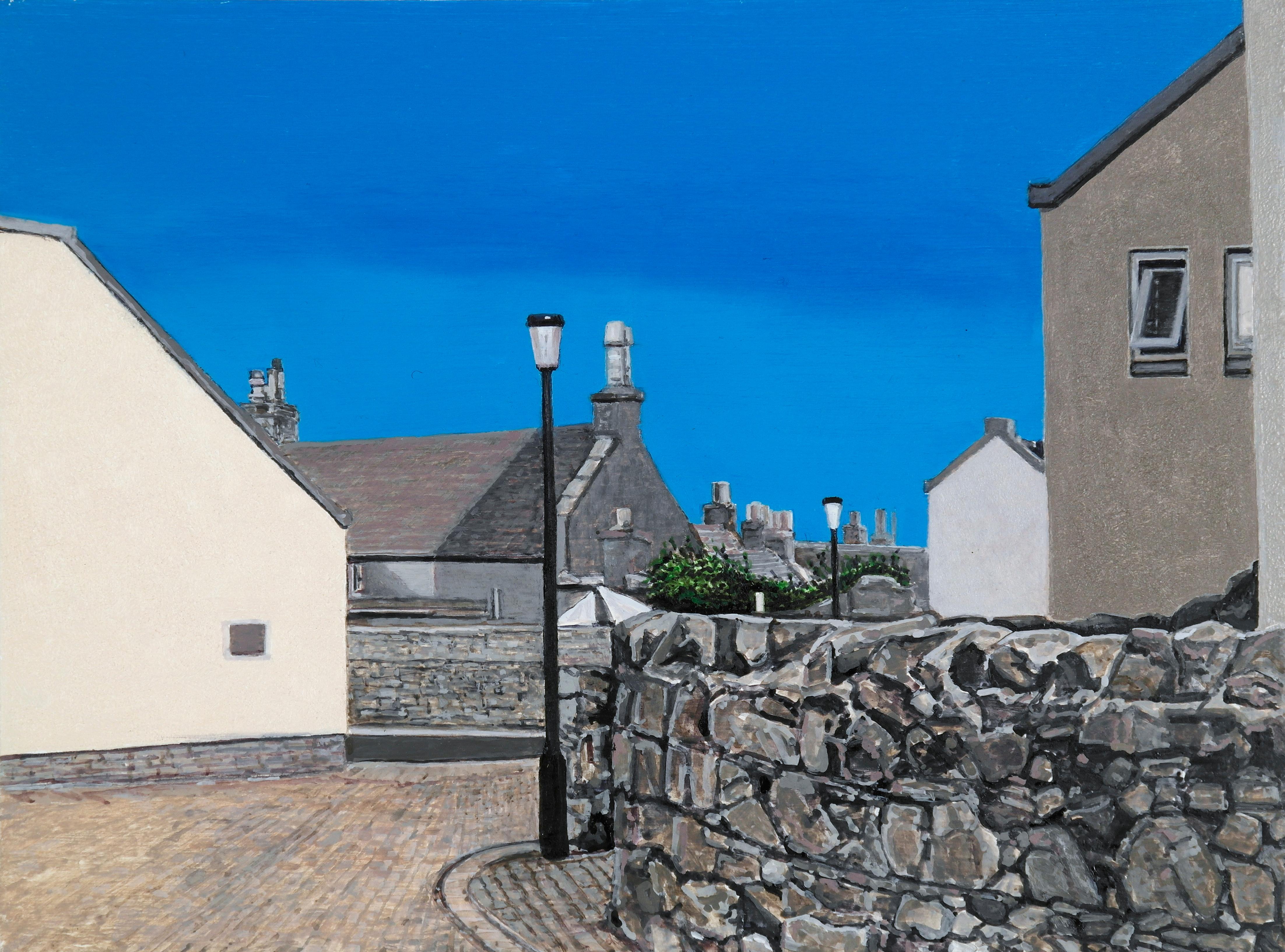 Agnes Murray Landscape Painting - Roanheads Scotland 2, oil on birch panel, rural arcitecture