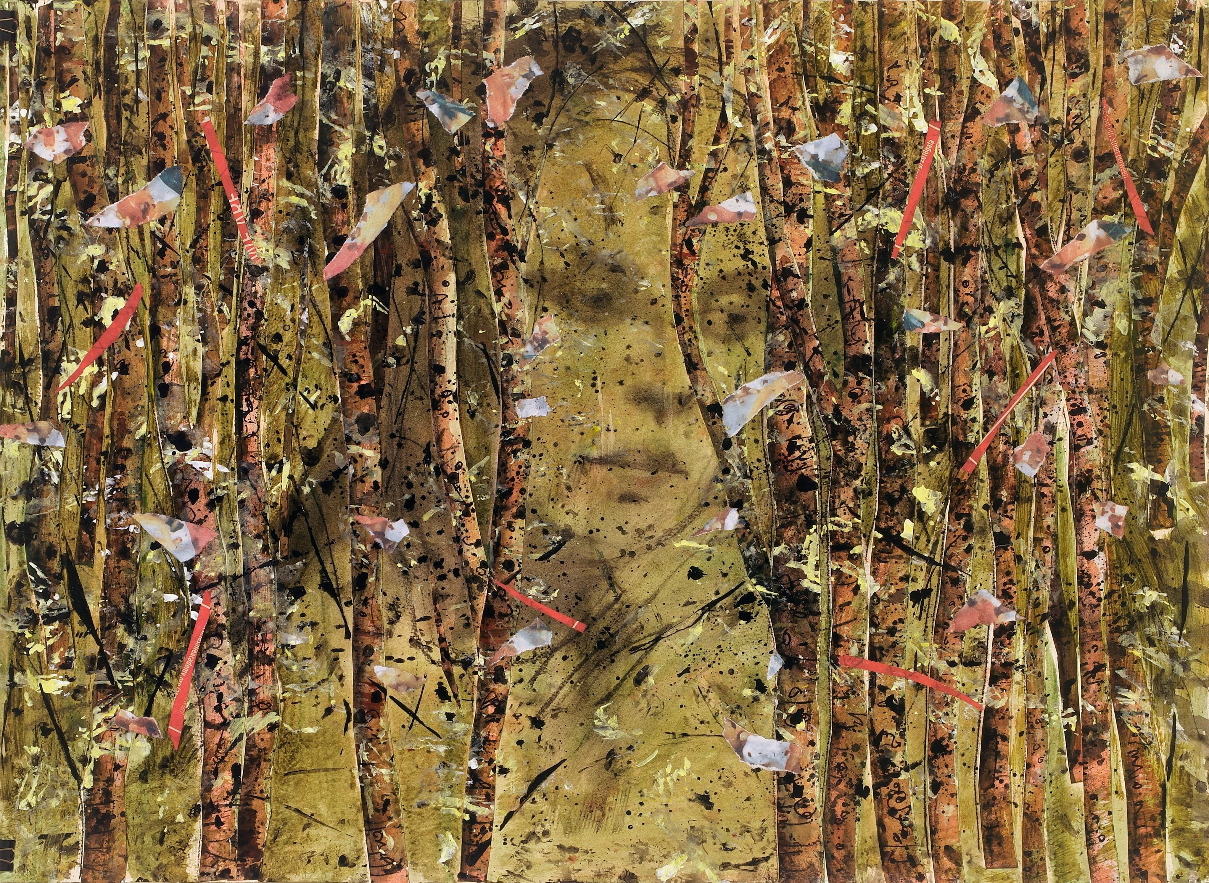 Red Birch,  disrupted realism, nature, woman, muted reds, mystery