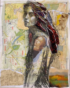 Botticelli Brunette, collage, colorful, mixed media, maps, woman, charcoal,