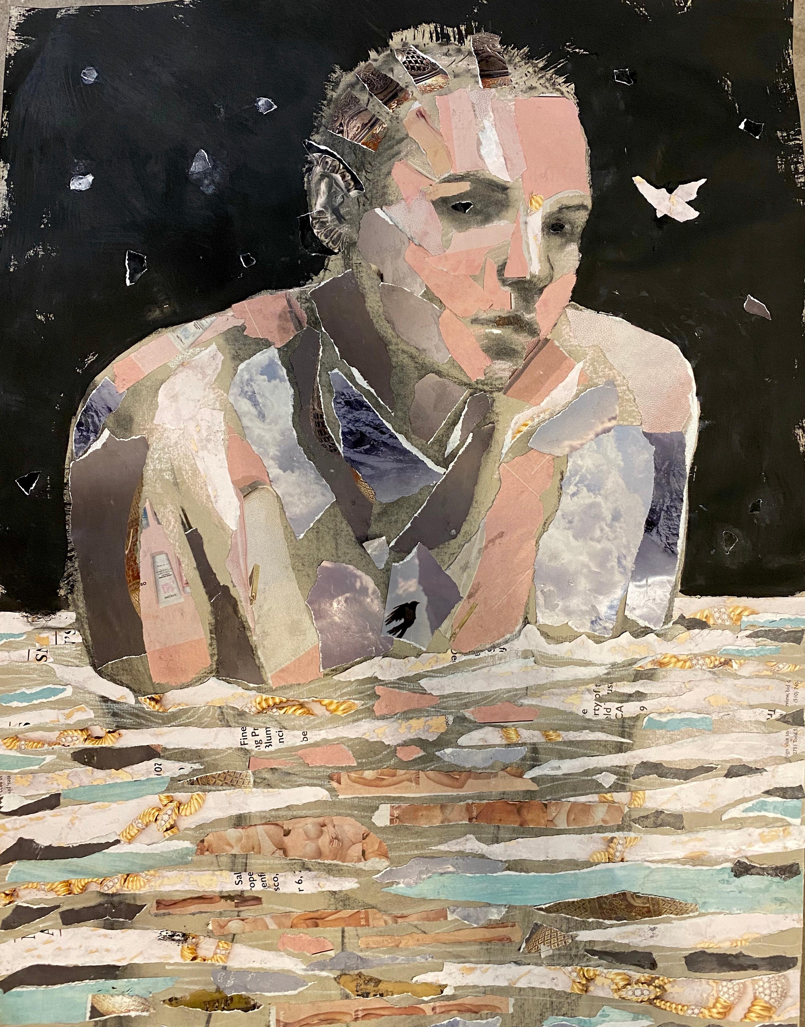 Audrey Anastasi Figurative Art - Night Aquatic, collage, muted color, mixed media, woman, charcoal,