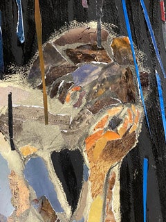 Rain, mystery, collage, figure, dark color, night cave painting random stripes