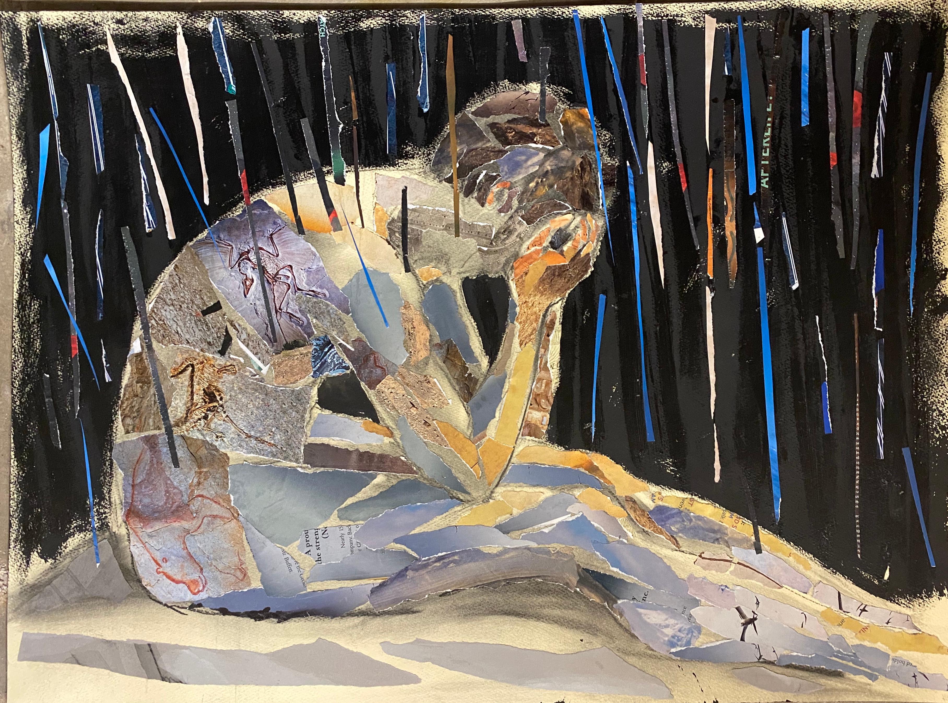 Rain, mystère, collage, personnage, couleur foncée, peinture de grottes nocturnes à rayures aléatoires