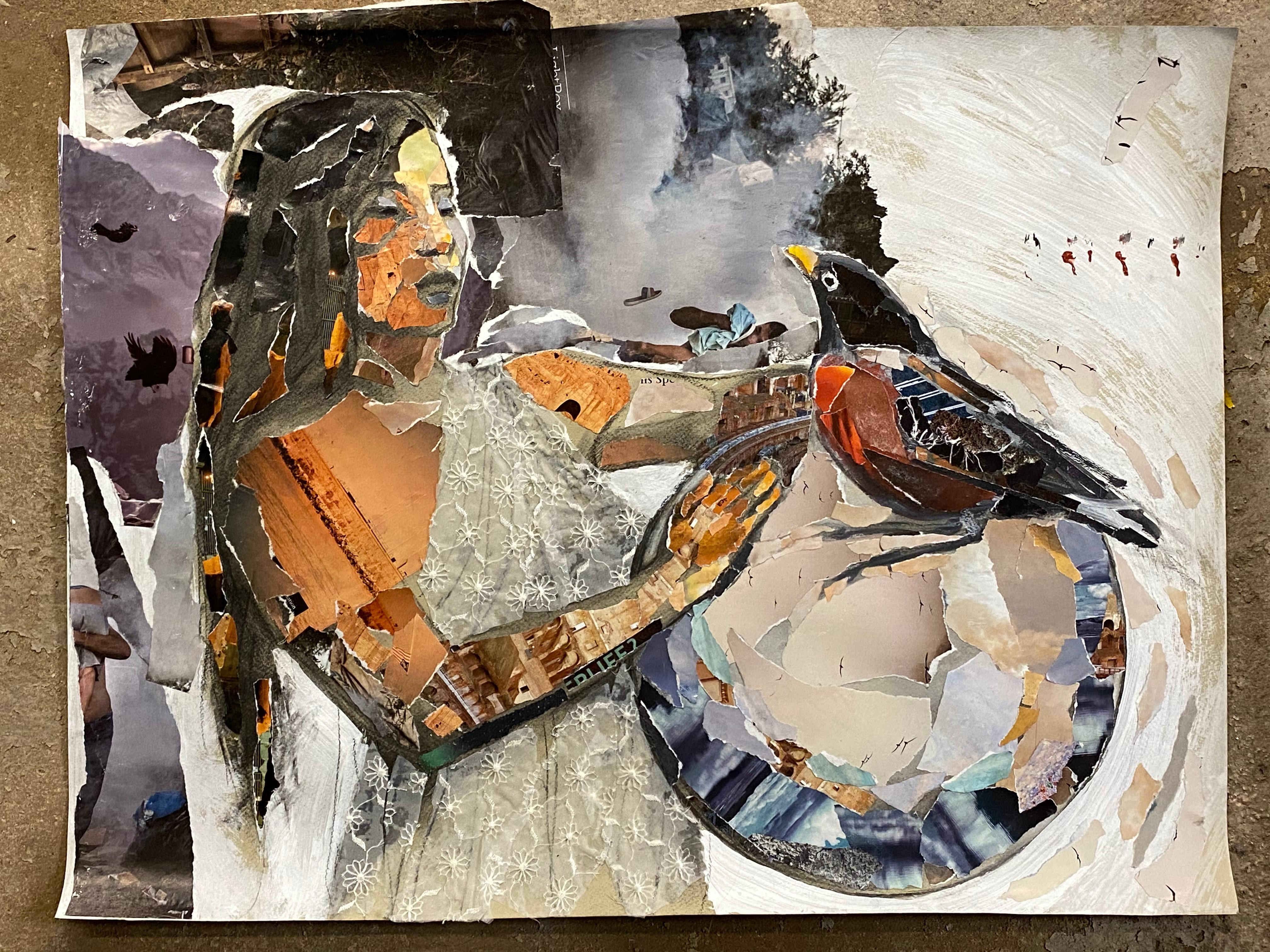 Gaia, mystère, collage, figure, tissu, mythologie, oiseau