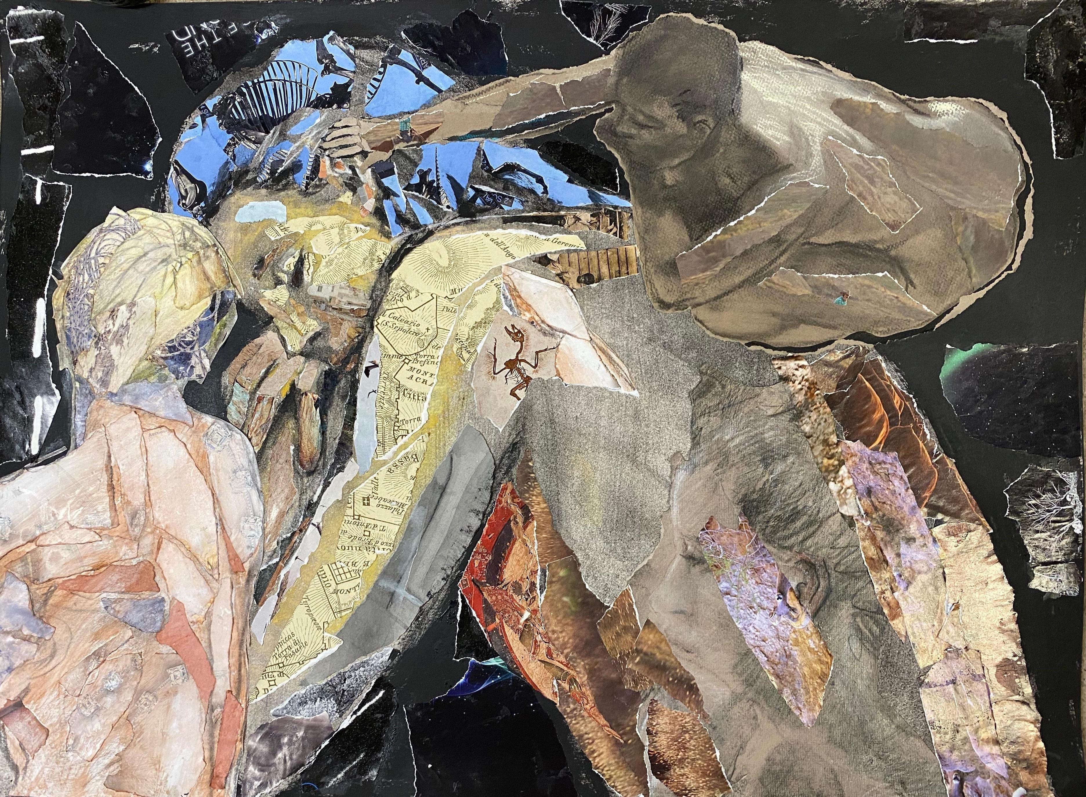 Audrey Anastasi Landscape Art - Sleep Watchers, mystery, collage, figure, night