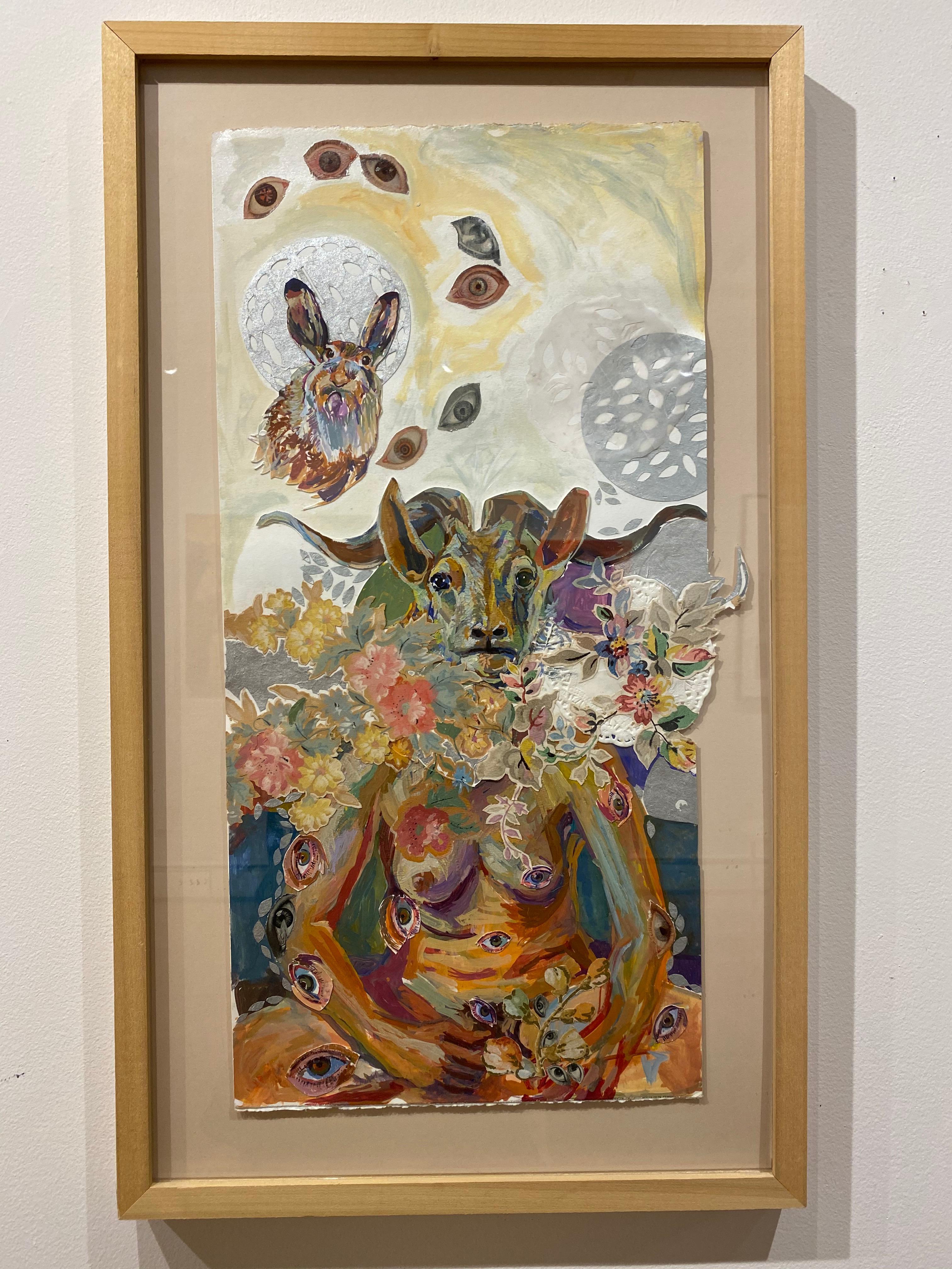 Eying the Om, technique mixte imaginative colorée, femme antenlope, yeux, lapin - Painting de Jenny Toth