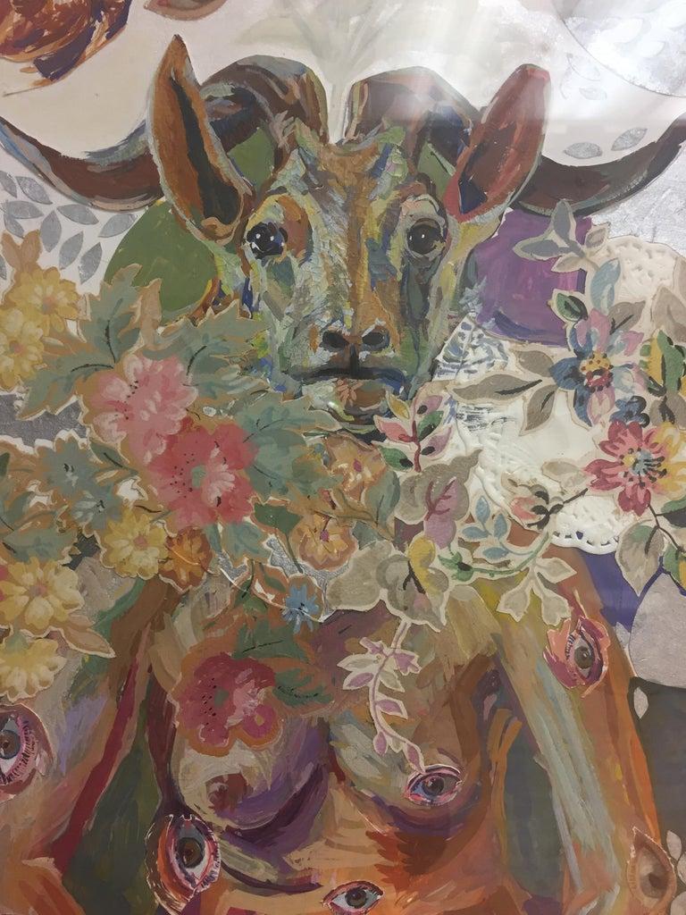 Jenny Toth Animal Painting - Eying the Om, colorful imaginative mixed media, woman antelope, eyes, rabbit