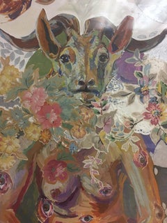 Eying the Om, colorful imaginative mixed media, woman antelope, eyes, rabbit