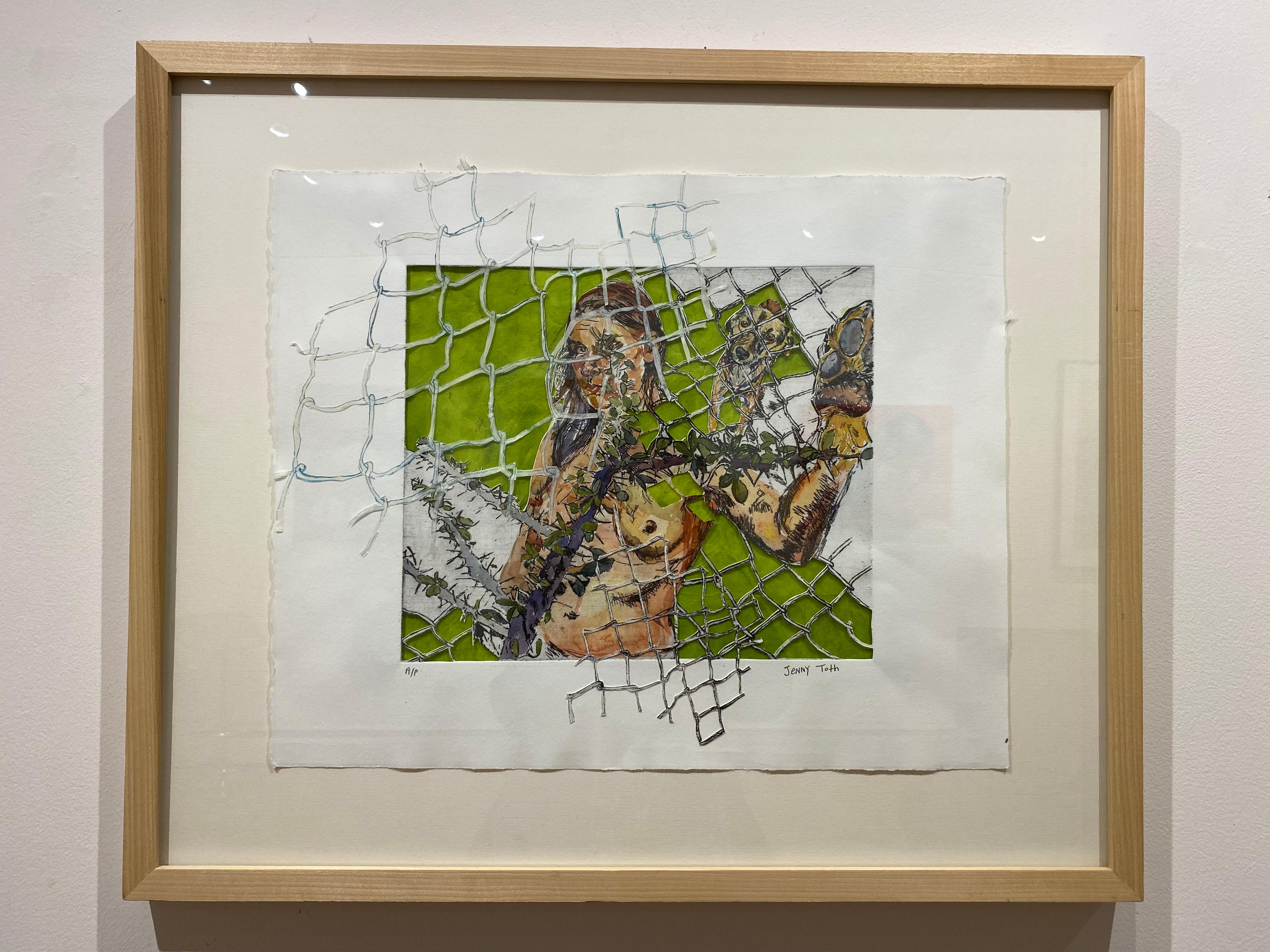 Nude Print de Jenny Toth - Defensas y cercas interiores, papel cortado y aguafuerte en técnica mixta, desnudo, perro