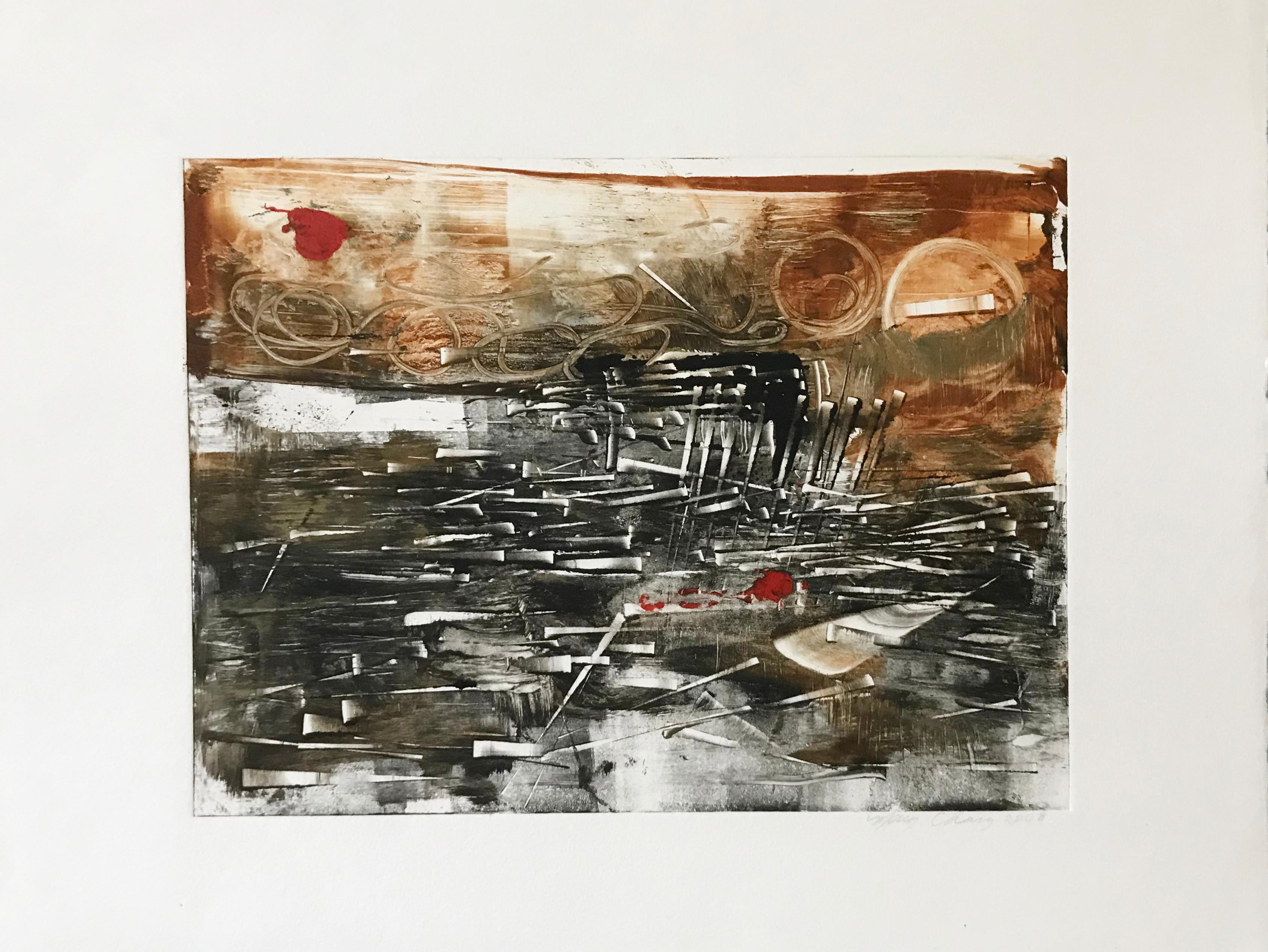 The Awakening, abstract monotype, earth tones - Print by Mary Chang