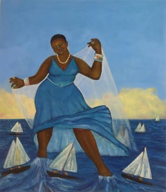 Navigateur, peinture à l'huile aux couleurs vives représentant une figure, des bateaux et de l'eau