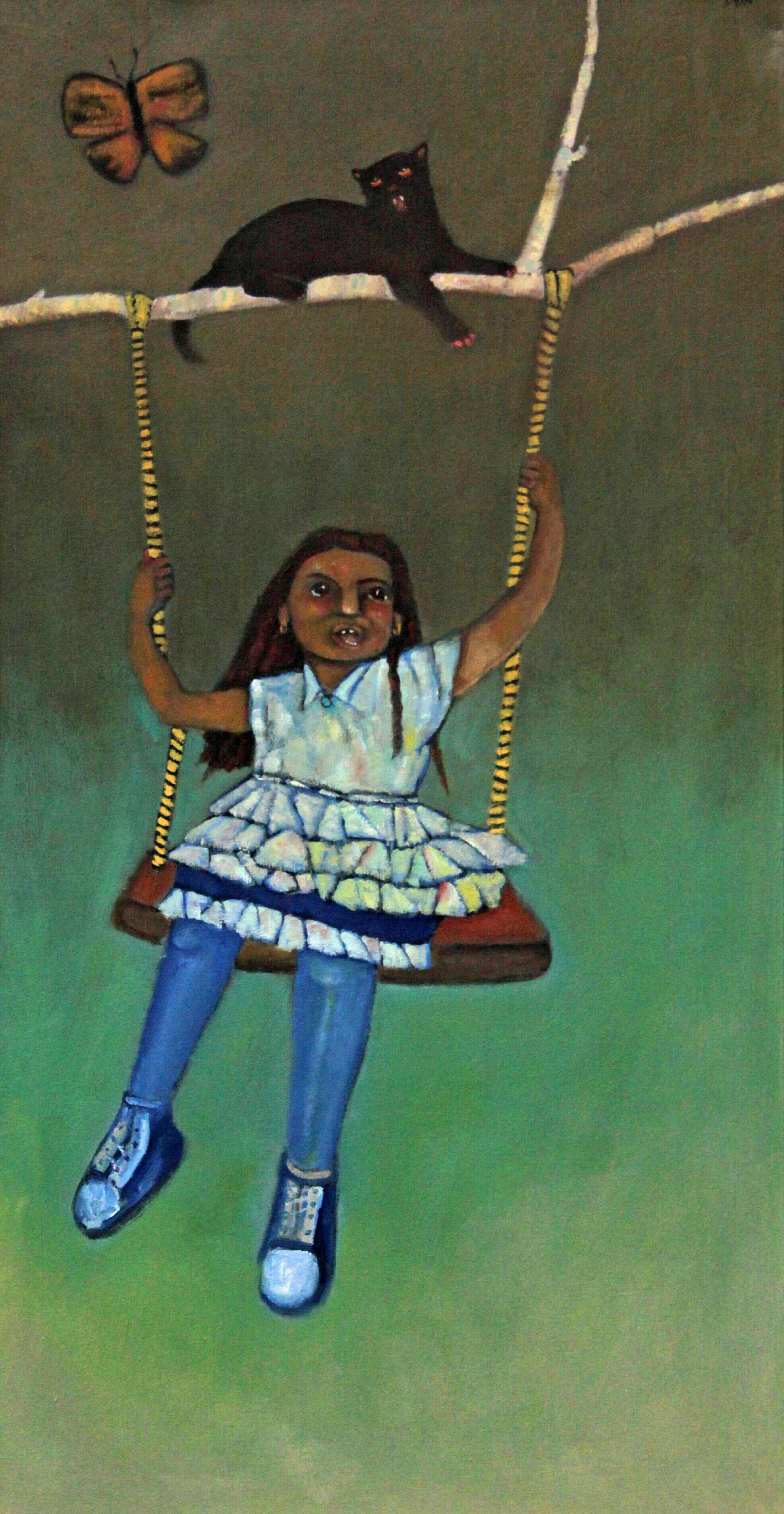 Stephen Basso Figurative Painting - Primavera, colorful child on a swing oil painting