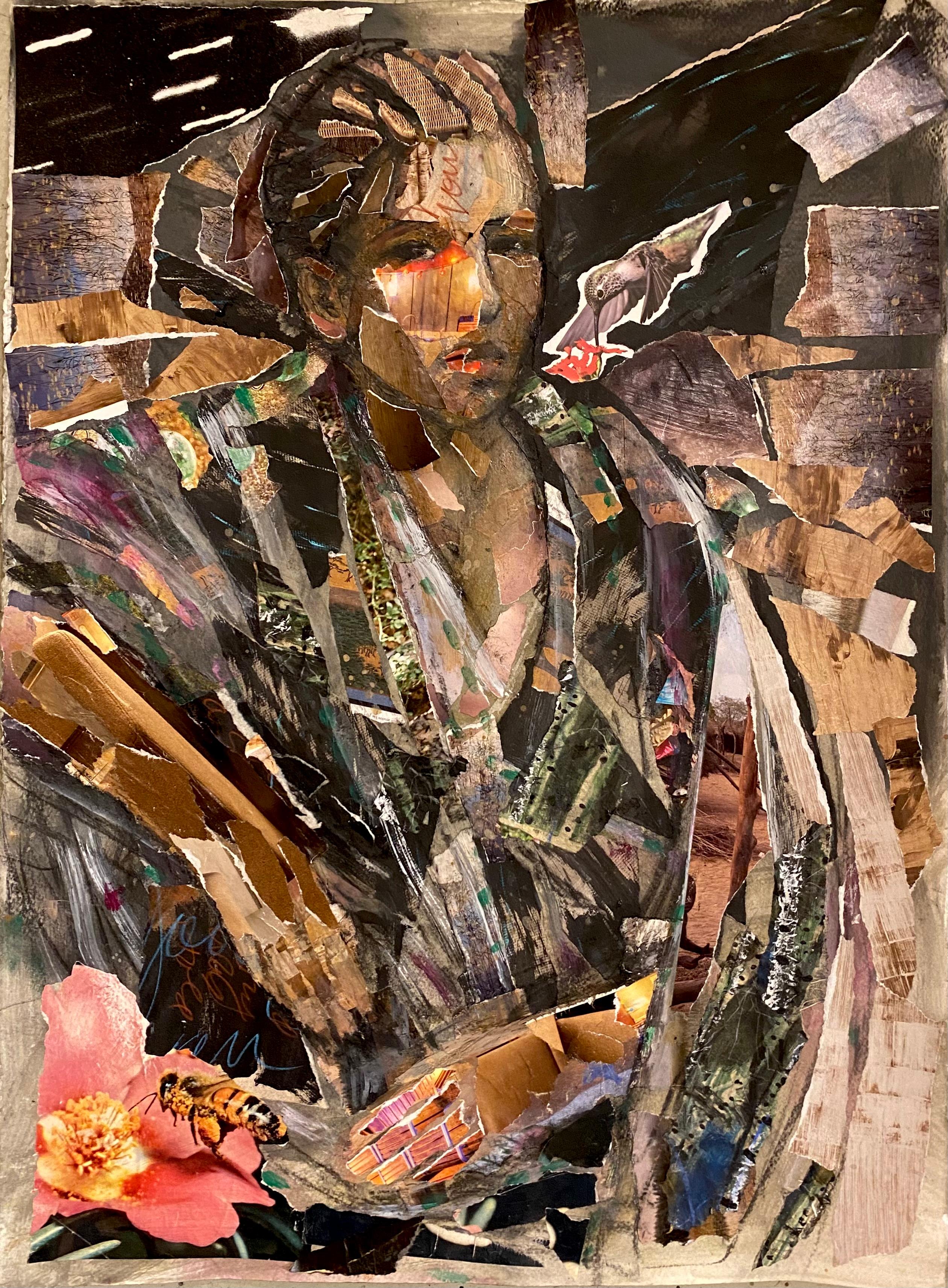 Audrey Anastasi Figurative Art - XX Elsewhere, figure, collage, disrupted realism 