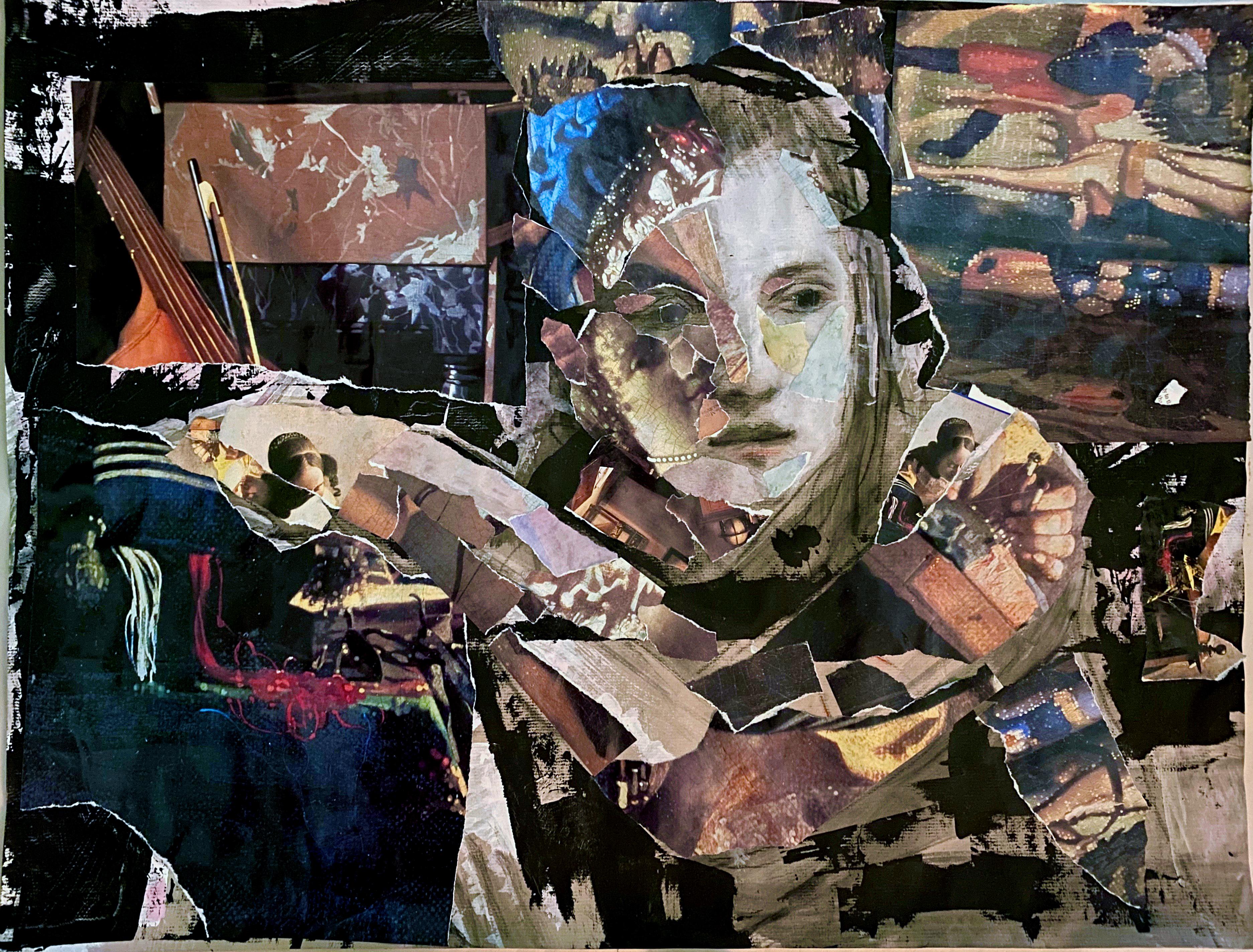 Audrey Anastasi Figurative Art – Vermeer-Wandteppich, Collage mit klassischen Elementen, unterbrochener Realismus