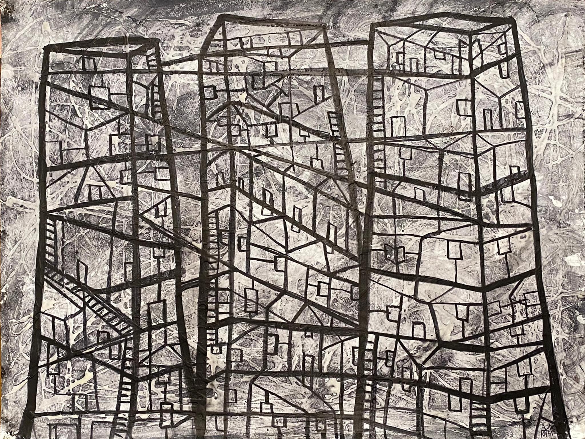Mauricio Trenard Sayago Landscape Art - City Landscape #3, black and white monochromatic urban architectural abstraction