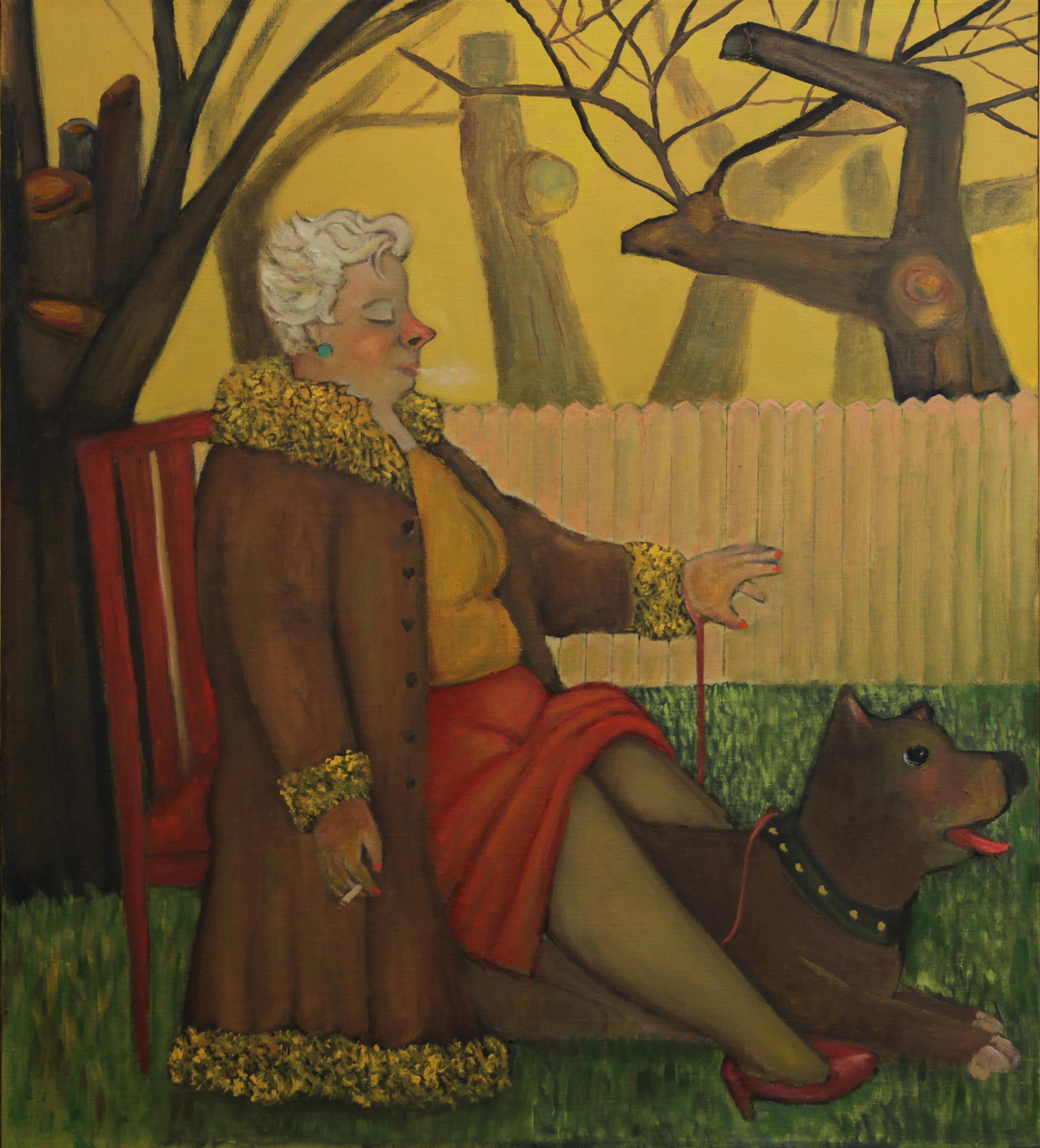 Stephen Basso Animal Painting - Lemon Winter, colorful humorous woman and dog 