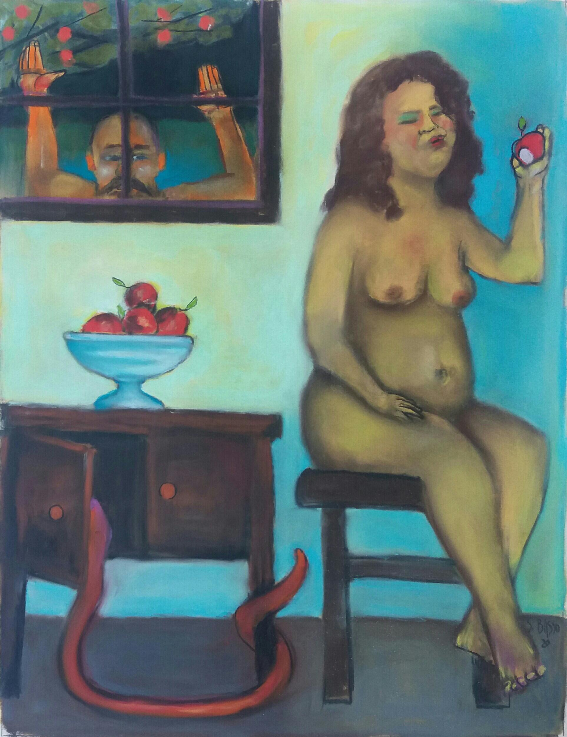 Stephen Basso Figurative Painting - Eden Lockdown, colorful humorous nude woman with apple and snake