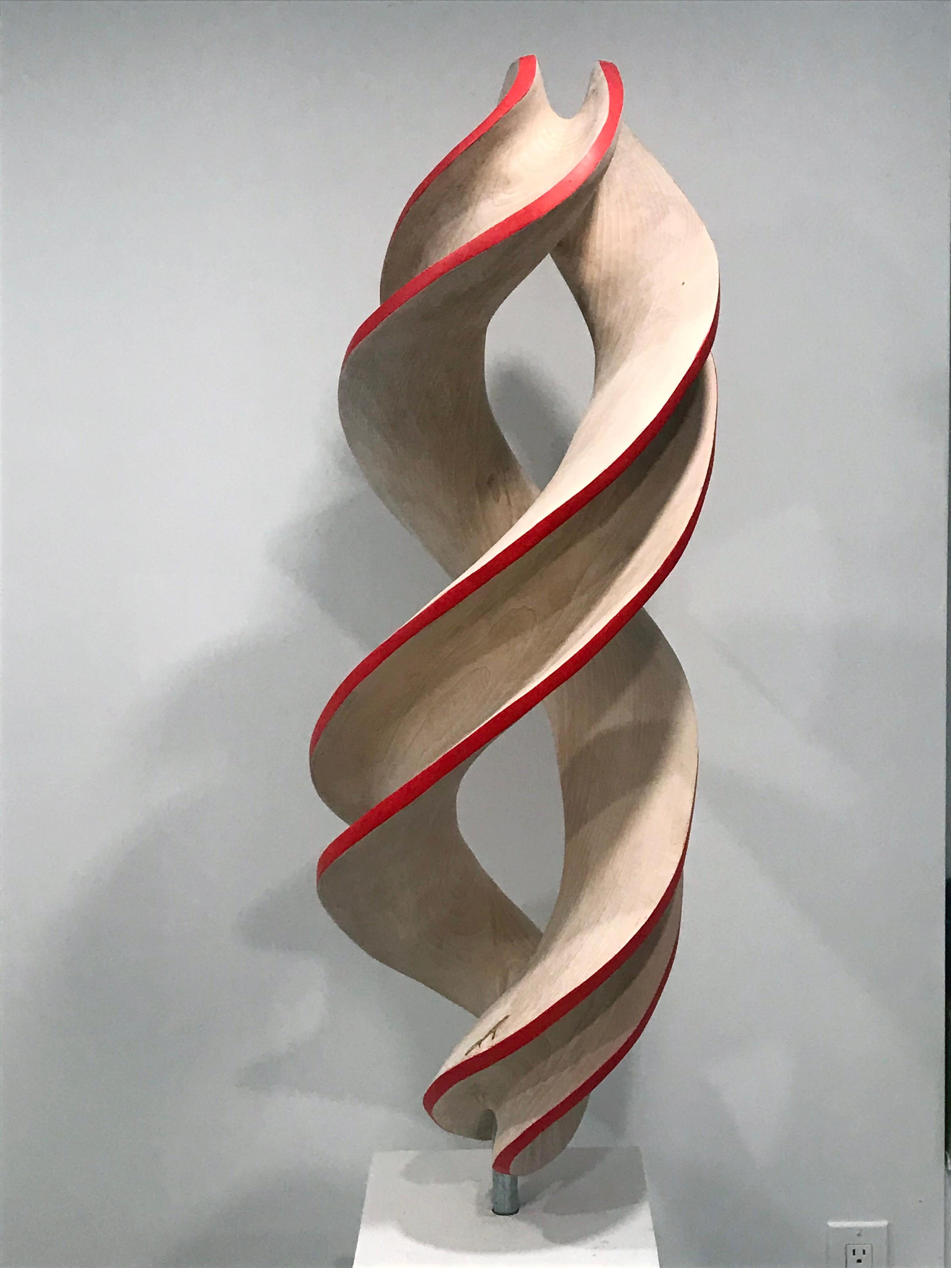 Spiral#2-Red, large maple sculpture, carved, painted elements - Sculpture by Eric Pesso