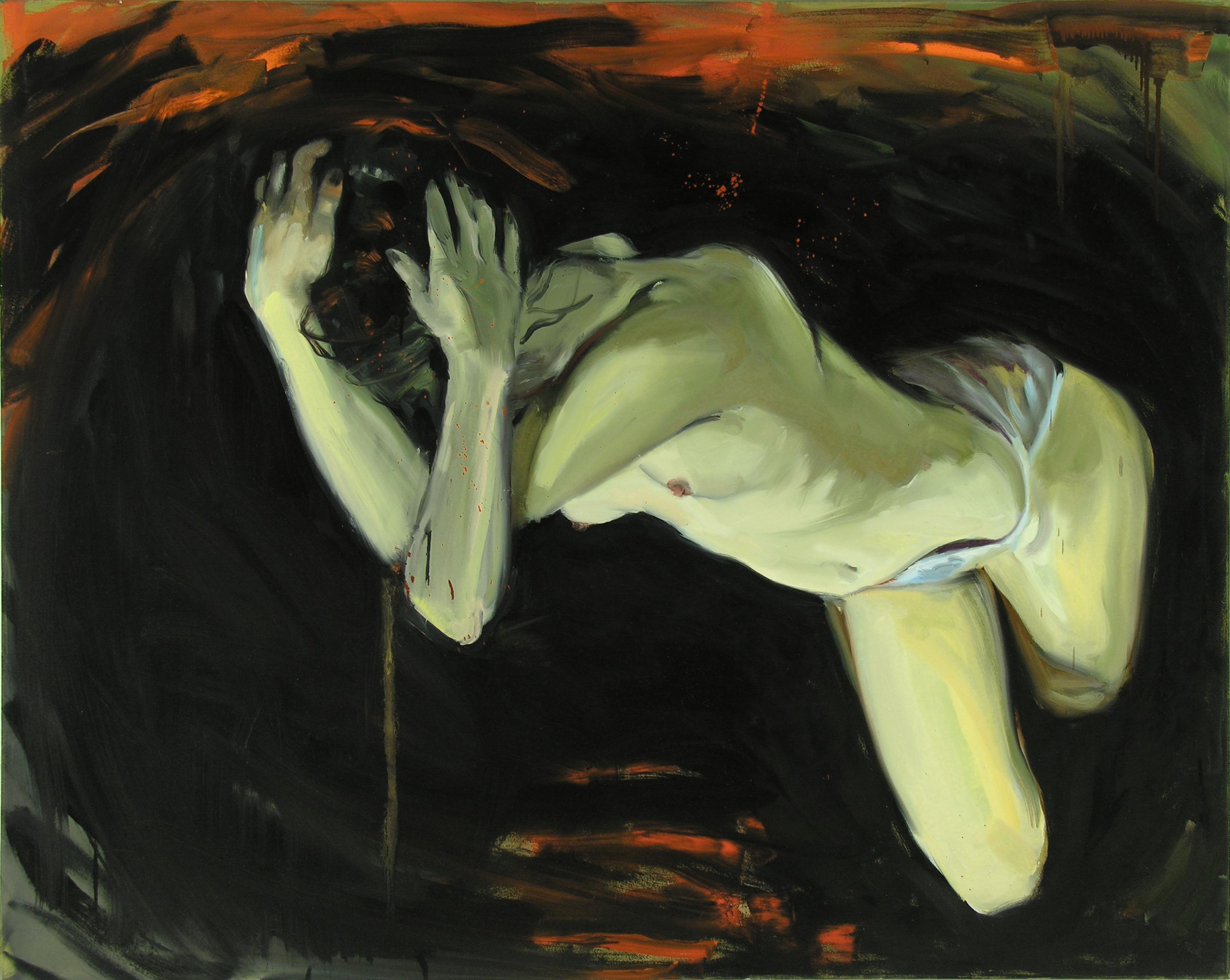 Audrey Anastasi Figurative Painting - Traveler, oil painting of mysterious nude figure, 