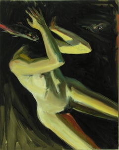 Watcher, oil painting of mysterious falling figure,  eyes, dark space