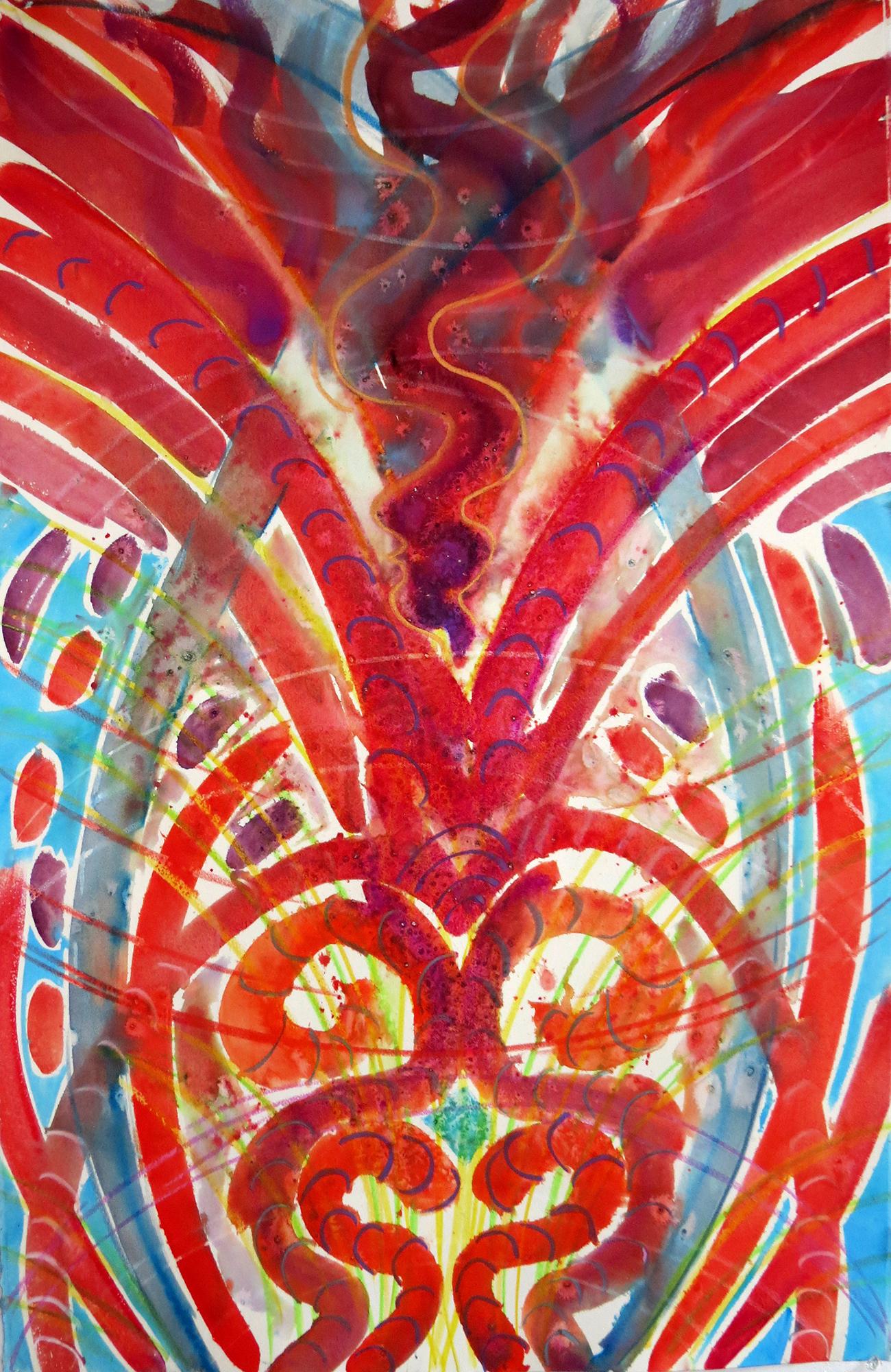 Hot Core, mythical, spiritual, abstract patterns, colorful, red, watercolor