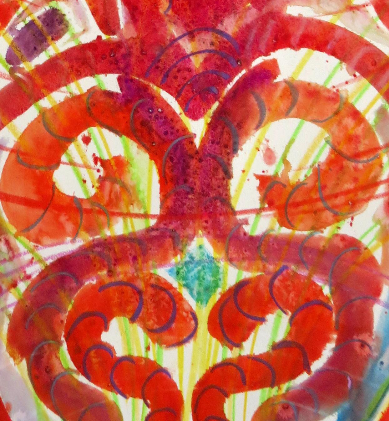 Hot Core, mythical, spiritual, abstract patterns, colorful, red, watercolor - Art by Janet Morgan