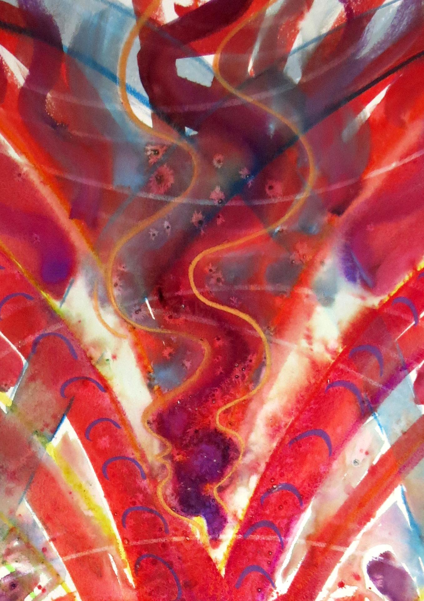 Hot Core, mythische, spirituelle, abstrakte Muster, farbenfrohes, rotes, Aquarell (Abstrakt), Art, von Janet Morgan