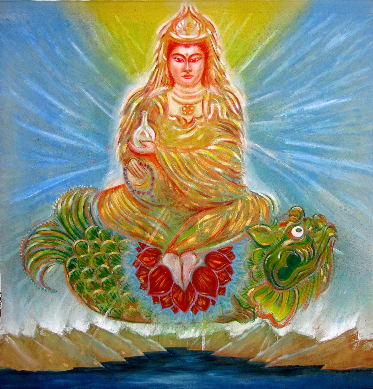 Janet Morgan Figurative Painting – Kuan Yin, Göttin der Compassion, mythische, spirituelle,  bannergemälde aus Acryl.
