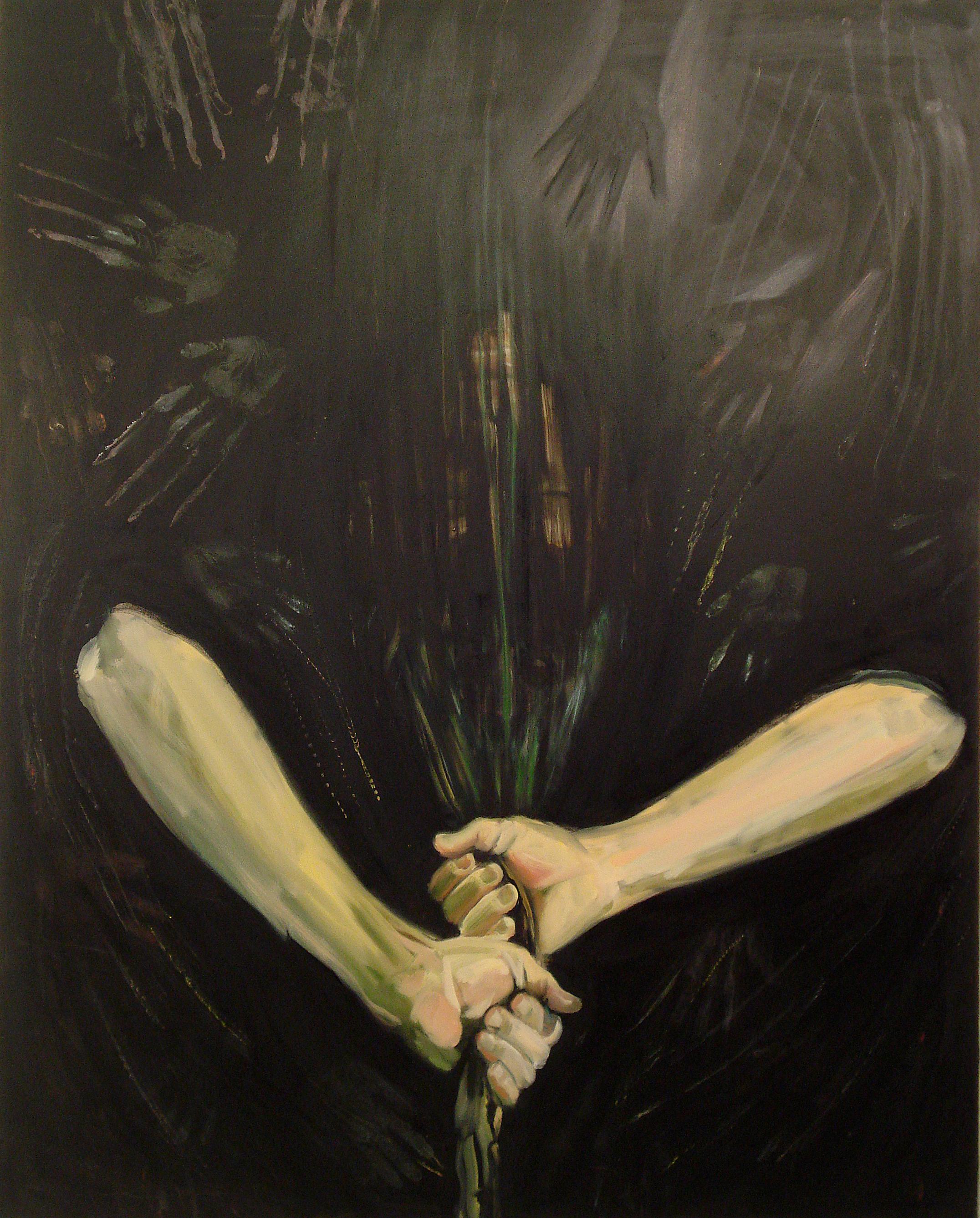 Figurative Painting di Audrey Anastasi - In Obscura, oscuro, simbolico, pittura ad olio, misterioso, mani surreali