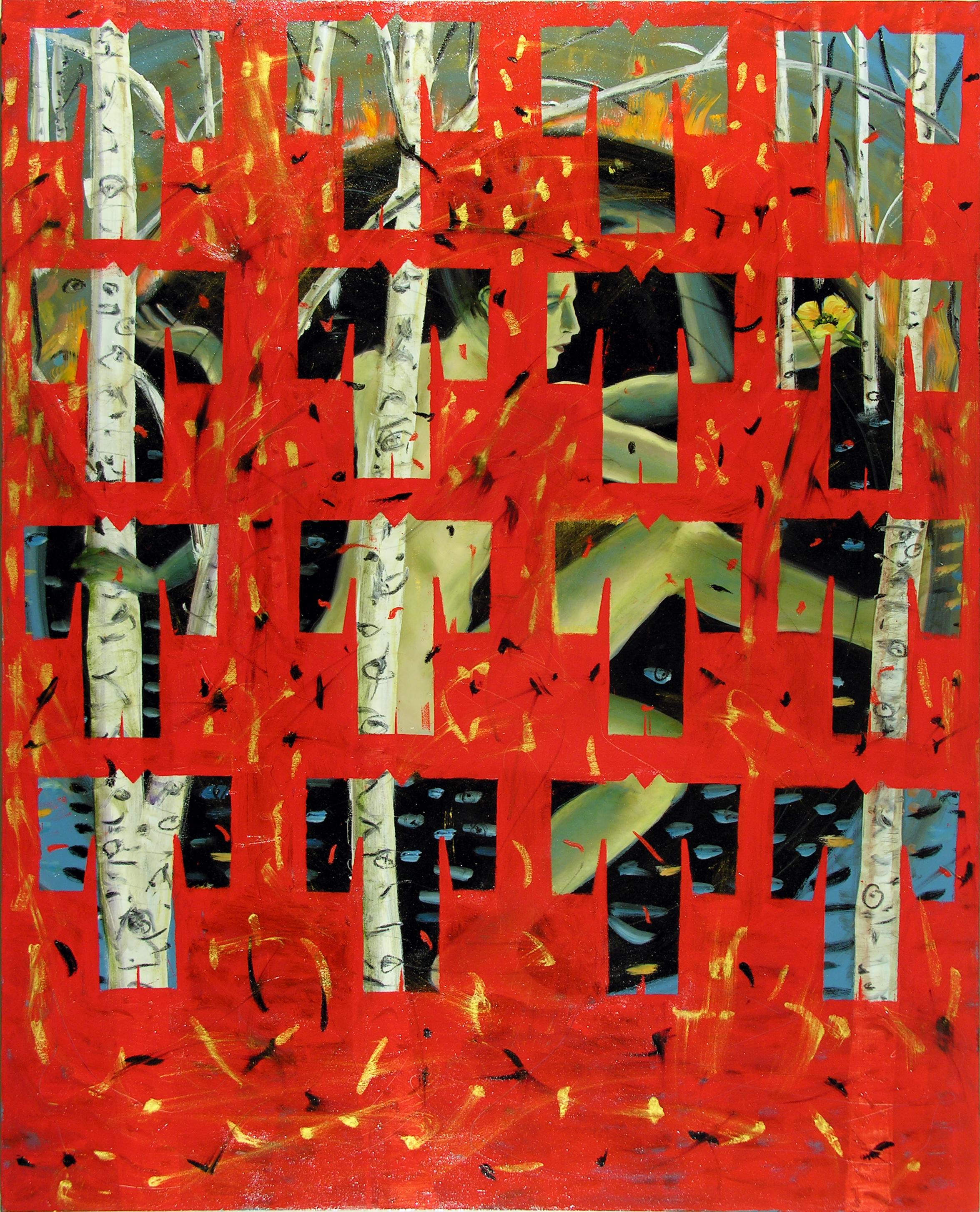 Abstract Painting di Audrey Anastasi - Matrice kimono rossa, motivo colorato ed enigmatico