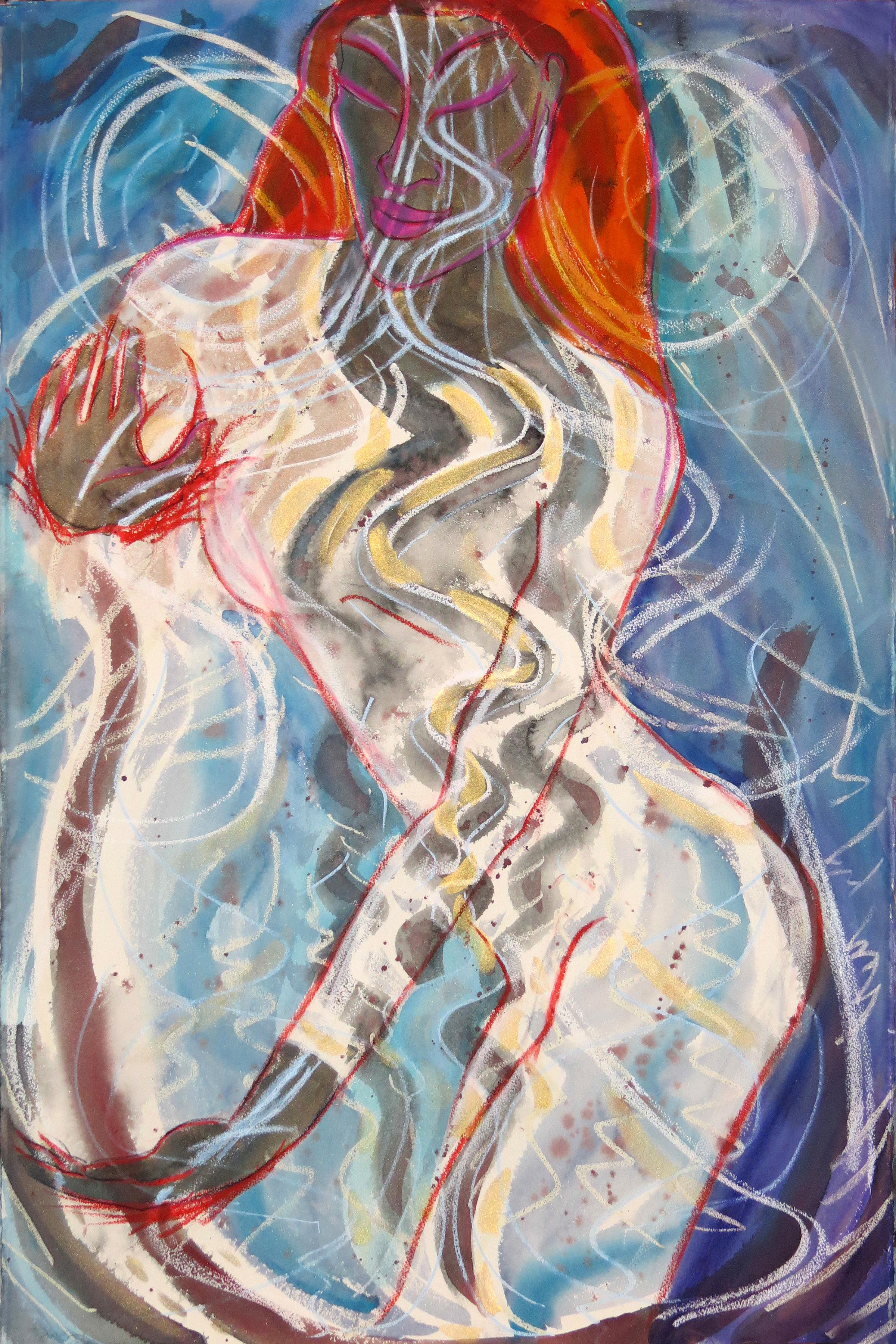 Janet Morgan Figurative Painting - Palm to Palm Again, spiritual, abstract healing goddess, blues, energy fields, 