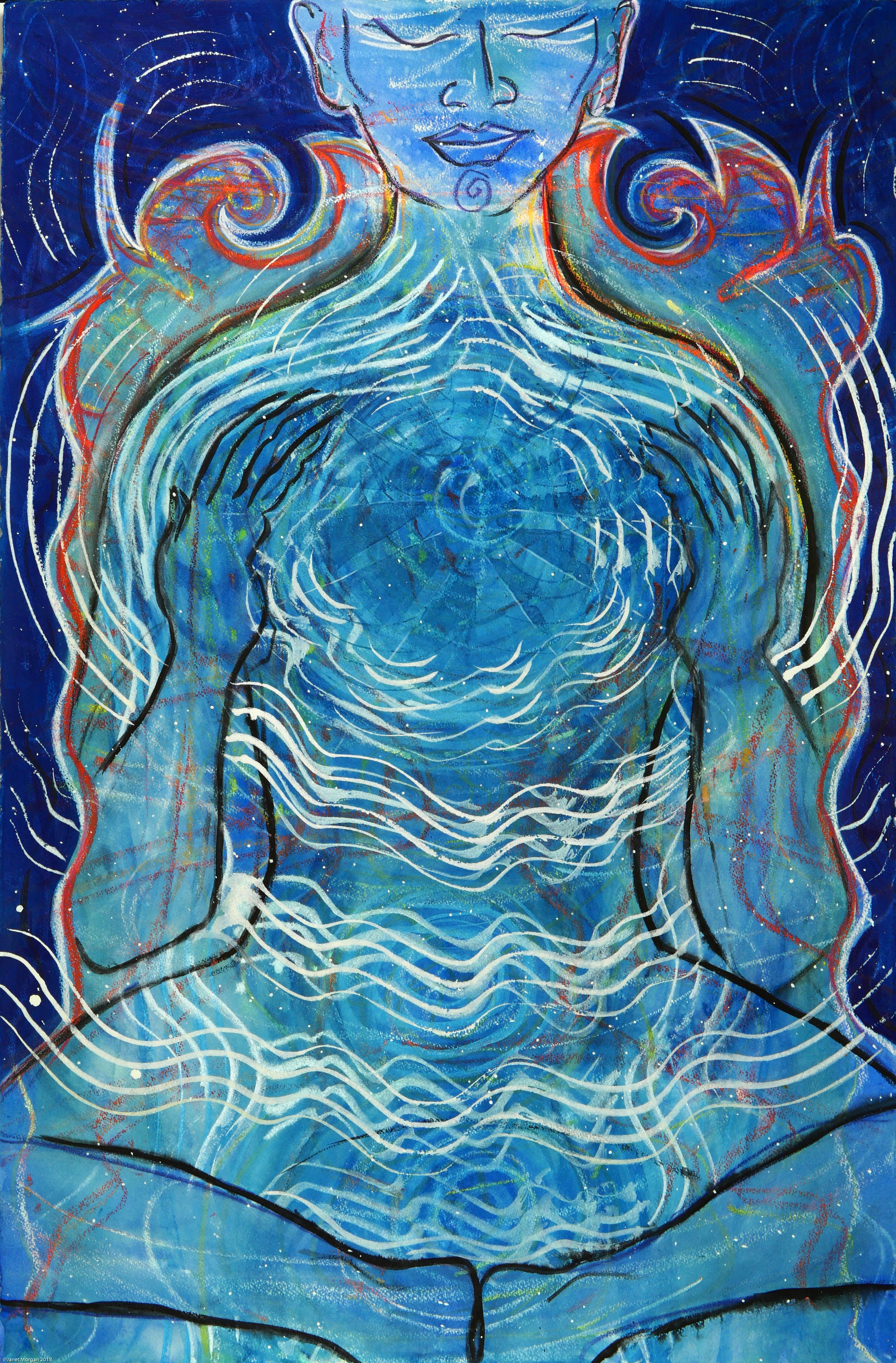 Janet Morgan Figurative Painting - Open Heart, Vibrant blues, Eastern spiritual, figure