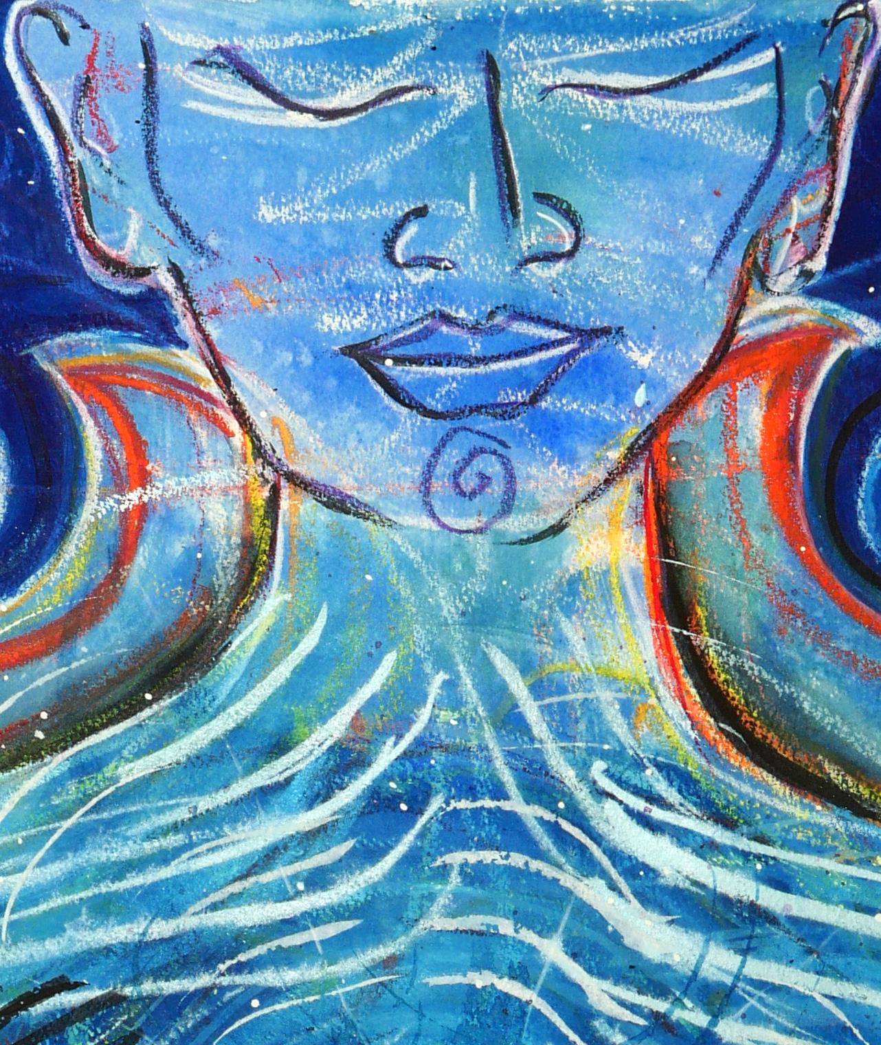 Open Heart, Vibrant blues, Eastern spiritual, figure - Painting by Janet Morgan
