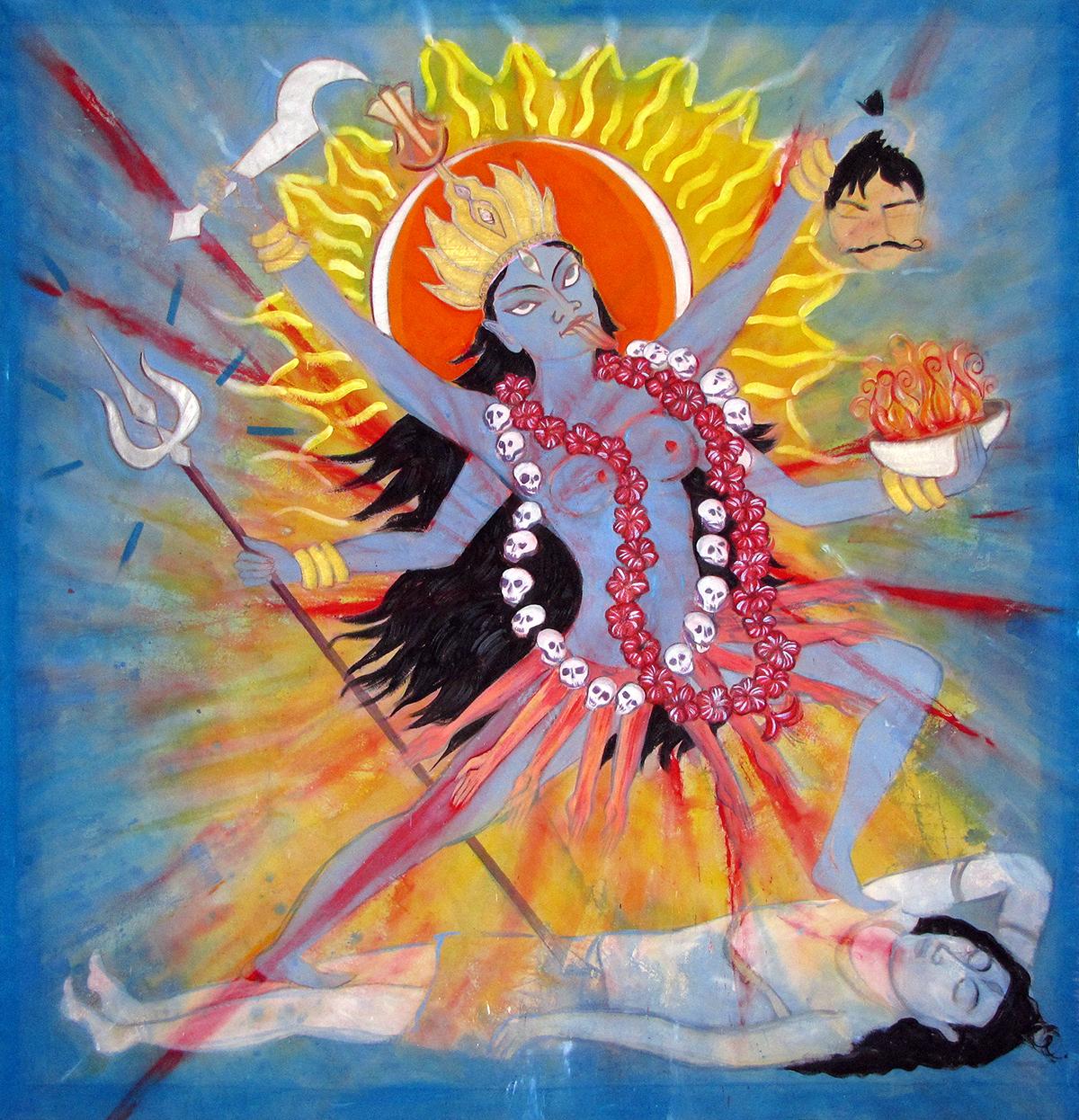 Janet Morgan Figurative Painting – Kali, farbenfroher, kühner, spiritueller, östlicher Einfluss, Feuer, Göttin