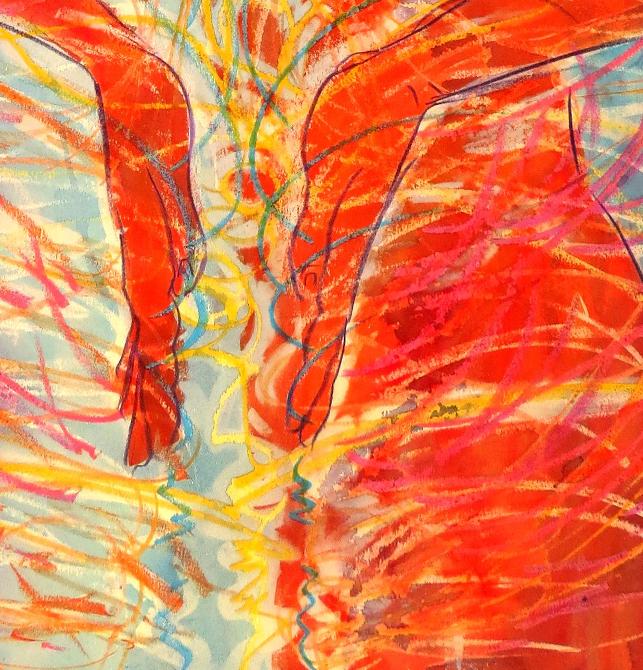 The Dynamic Center, colorful, goddess with abstract elements, red, blue, yellow - Painting by Janet Morgan