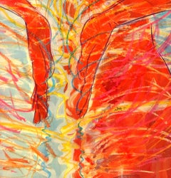 The Dynamic Center, colorful, goddess with abstract elements, red, blue, yellow