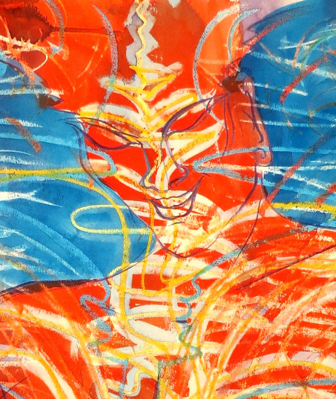 The Dynamic Center, colorful, goddess with abstract elements, red, blue, yellow - Expressionist Painting by Janet Morgan