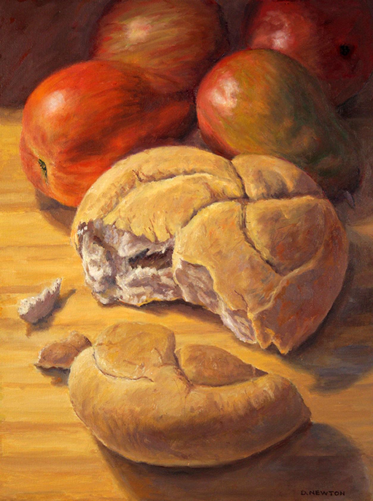 Douglas Newton Animal Painting - Bread and Pears super realism, colorful, object, traditional still life 