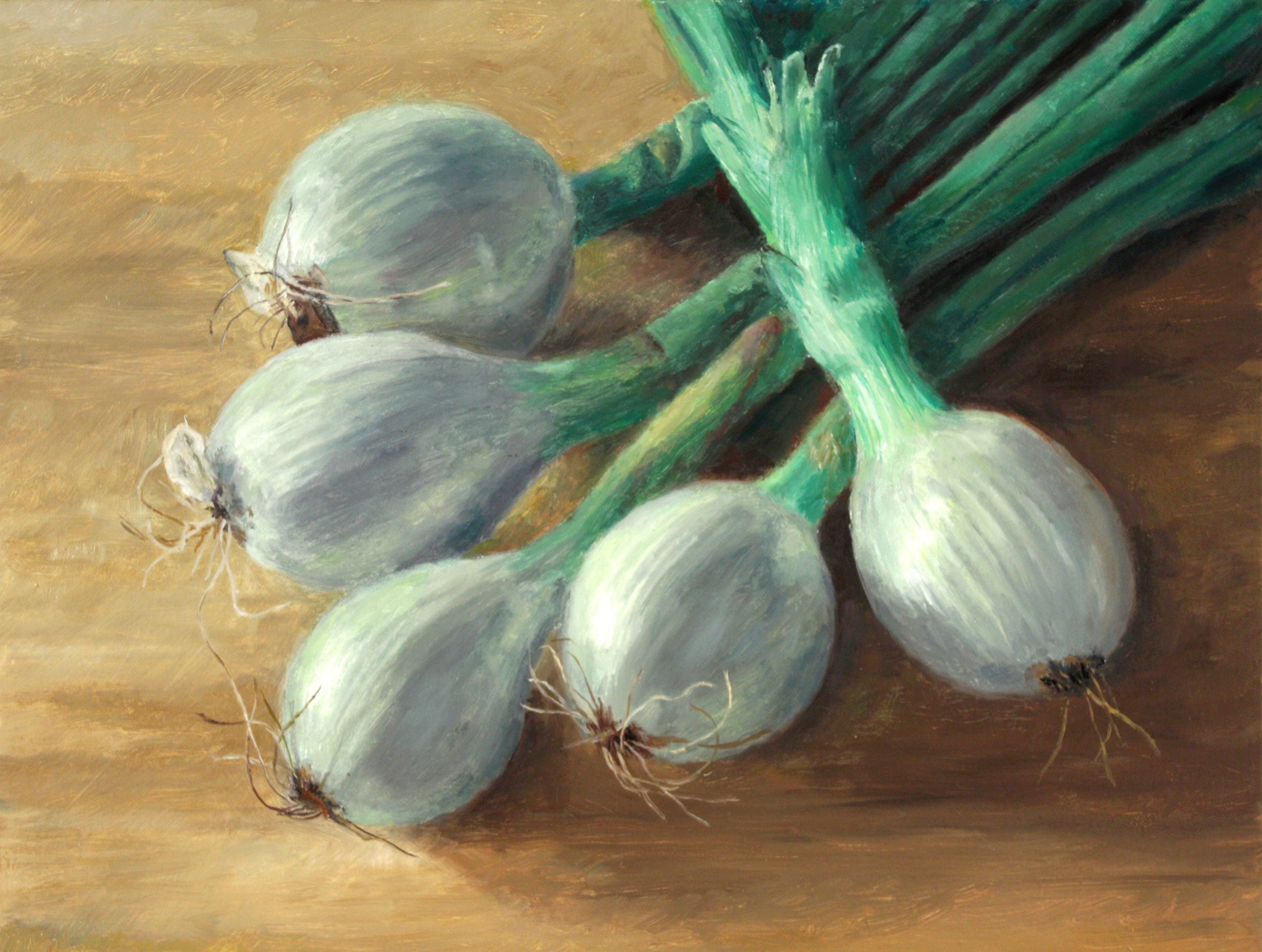 Doug Newton Still-Life Painting – Spring Zwiebeln, Öl auf Leinwand, Essen, realistisch