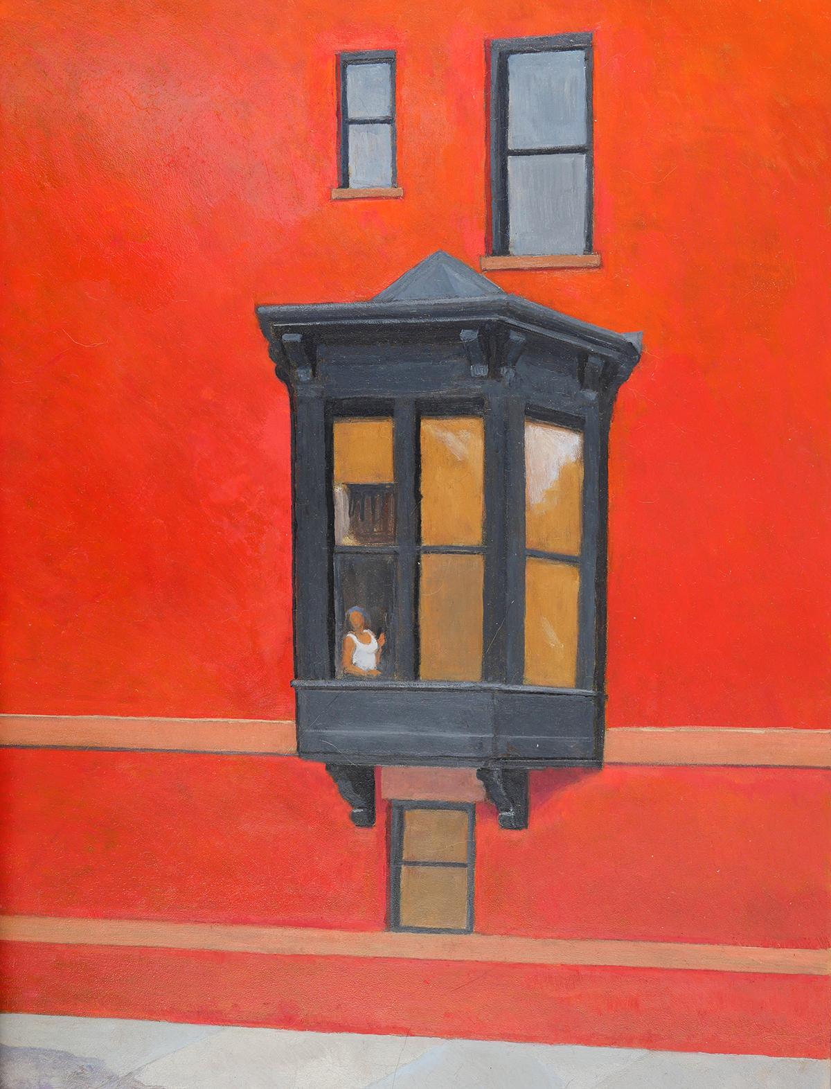 Gregory Frux Landscape Painting - Window Box bay window of red brick Brooklyn building, similar to Edward Hopper 